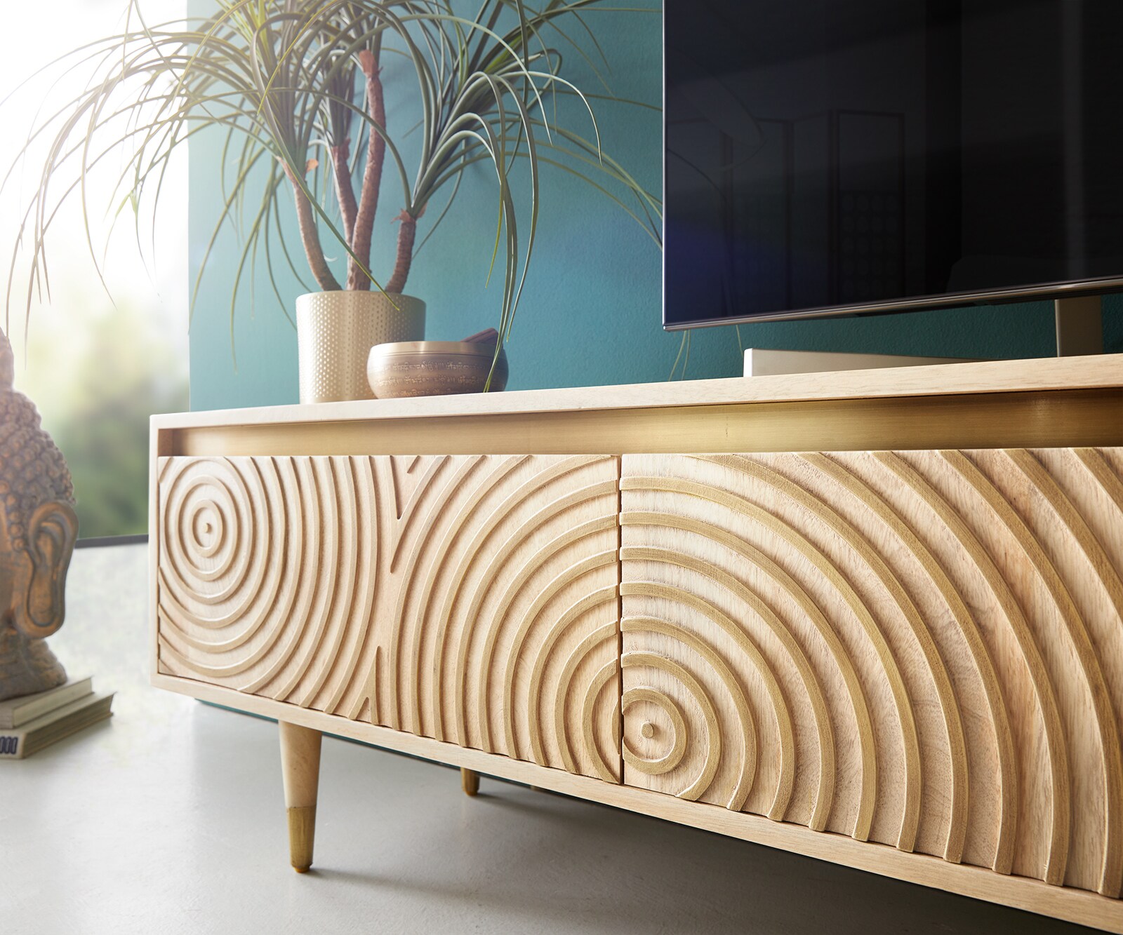 Meuble-TV Budaya 220 cm manguier naturel 4 portes pied conique 5