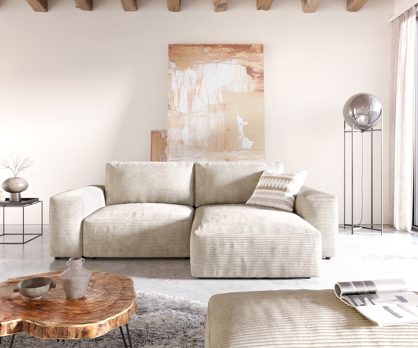 Canapé d’angle Lanzo 230x155 cm velours côtelé beige méridienne réversible avec pouf 1