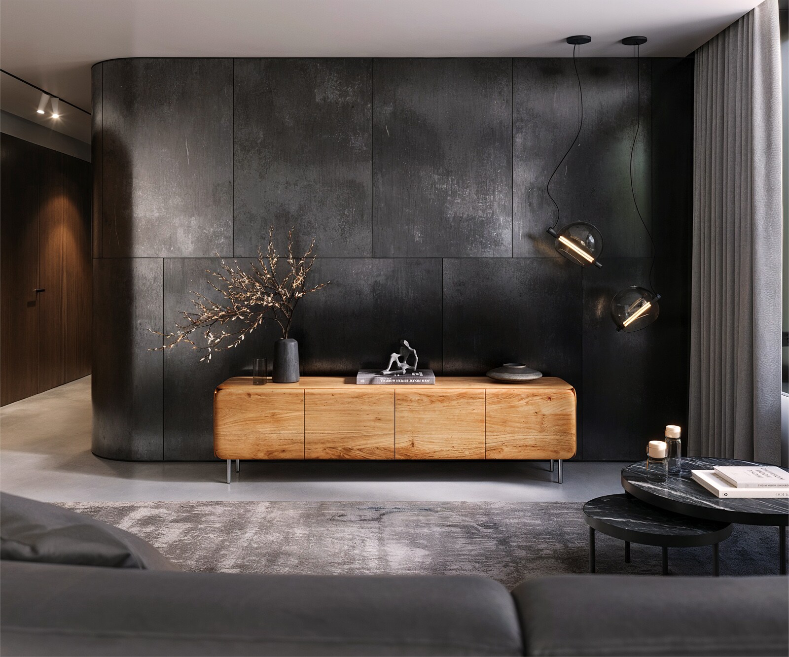 Meuble-TV Shavani 175 cm acacia naturel 2 portes 2 tiroirs métal noir 2