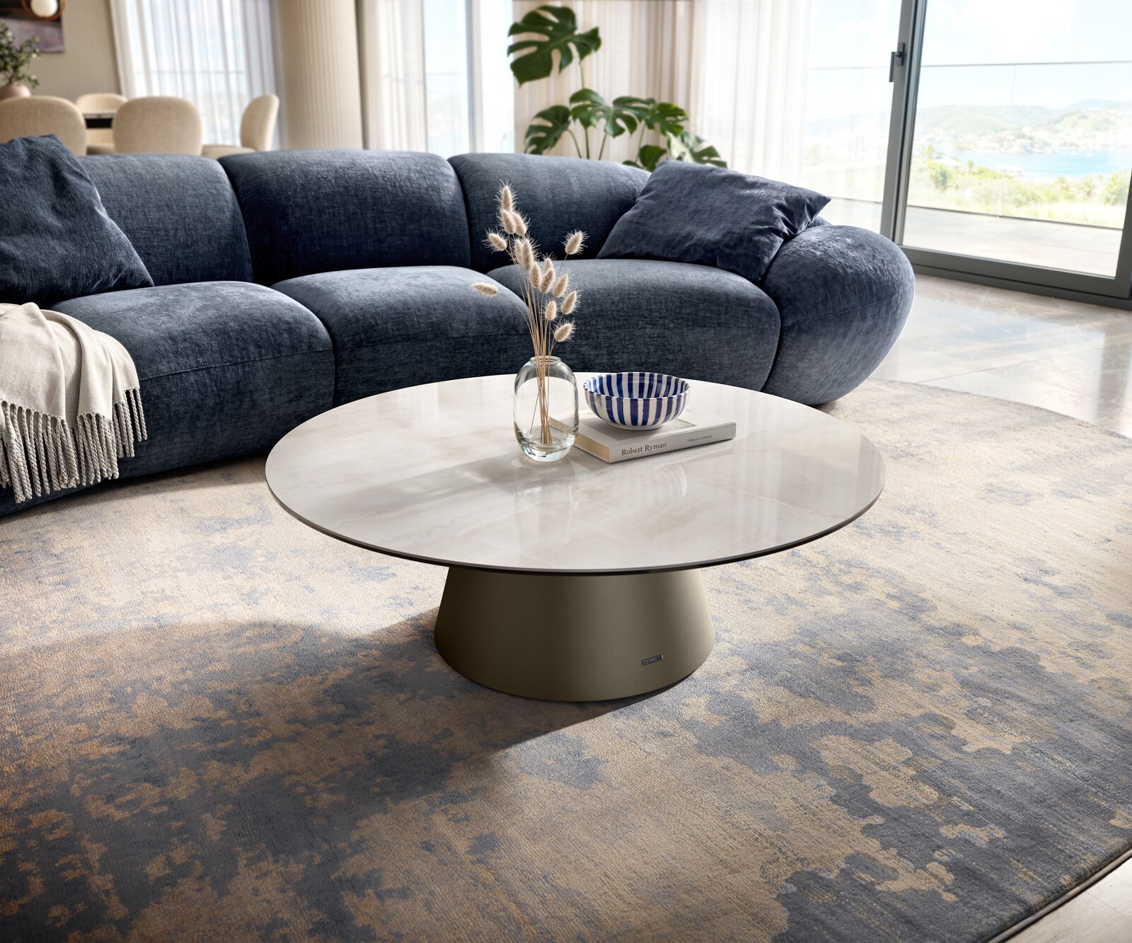 Table basse Edge ronde 100x100 cm céramique Onyx Champagne Borna finition effet titane