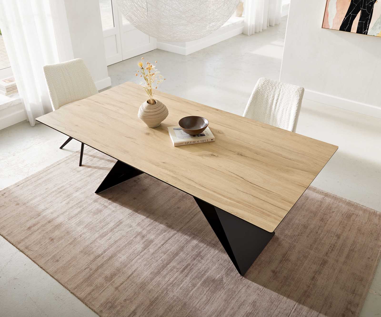 Esstisch Edge 200x100 Keramik Laminam® Sabbia Eichefarbig V-Gestell Flachstahl Schwarz 3