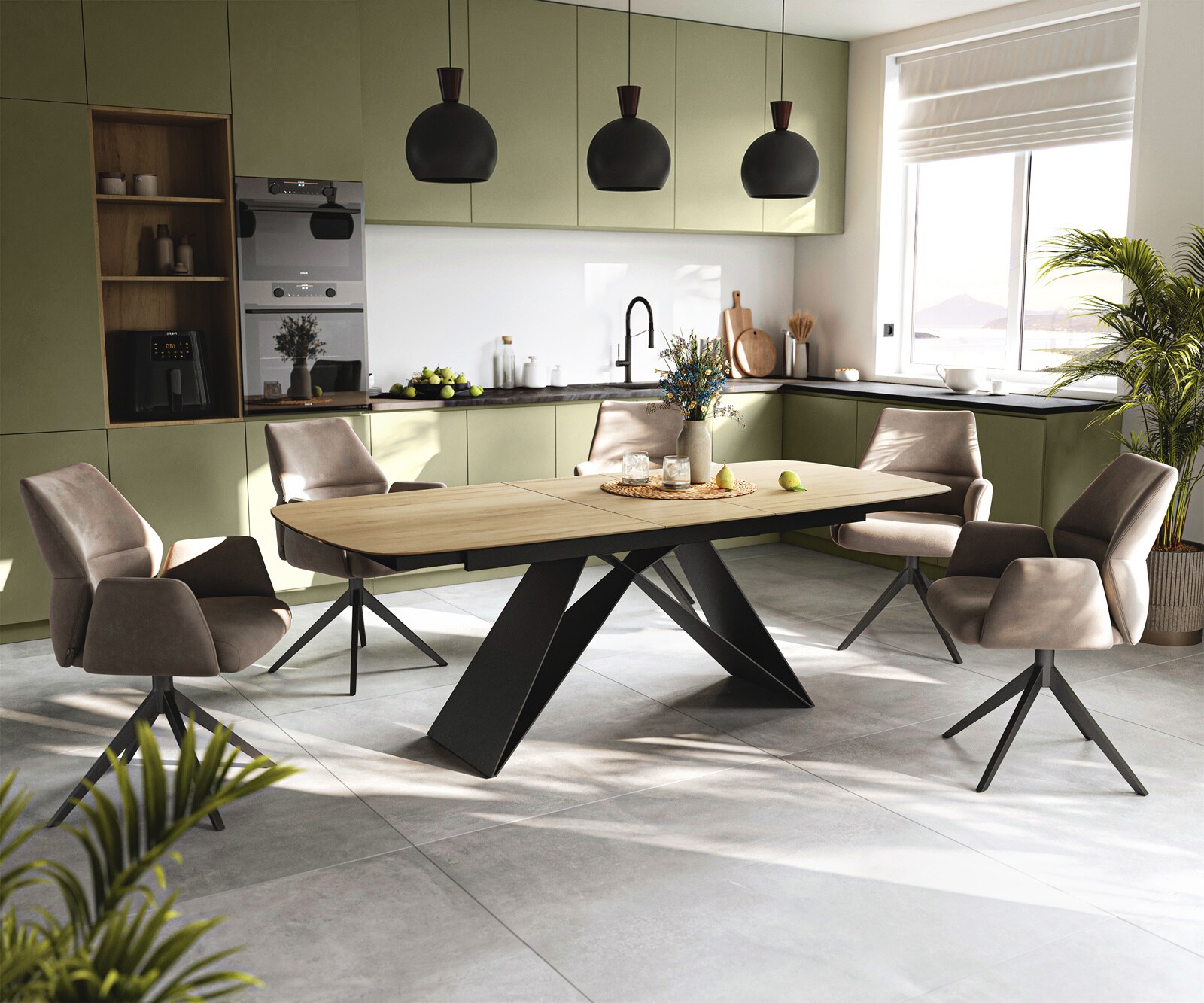 Esstisch Edge Boot 180-220x100 cm Keramik Laminam® Sabbia Eichefarbig V-Gestell Flachstahl Schwarz ausziehbar 5