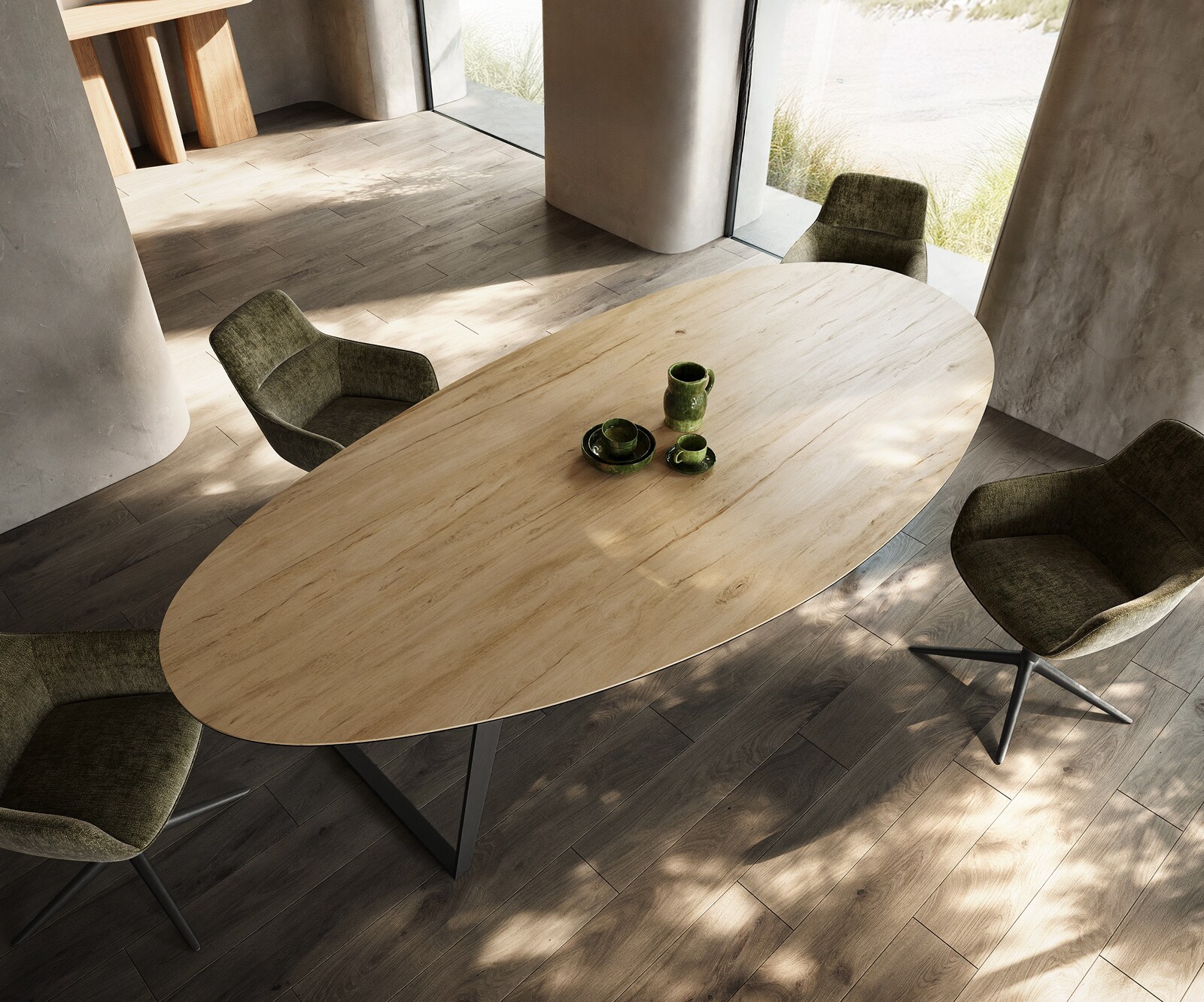 Esstisch Edge Oval 280x130 cm Keramik Laminam® Sabbia Eichefarbig Metall Schräg Schwarz 3