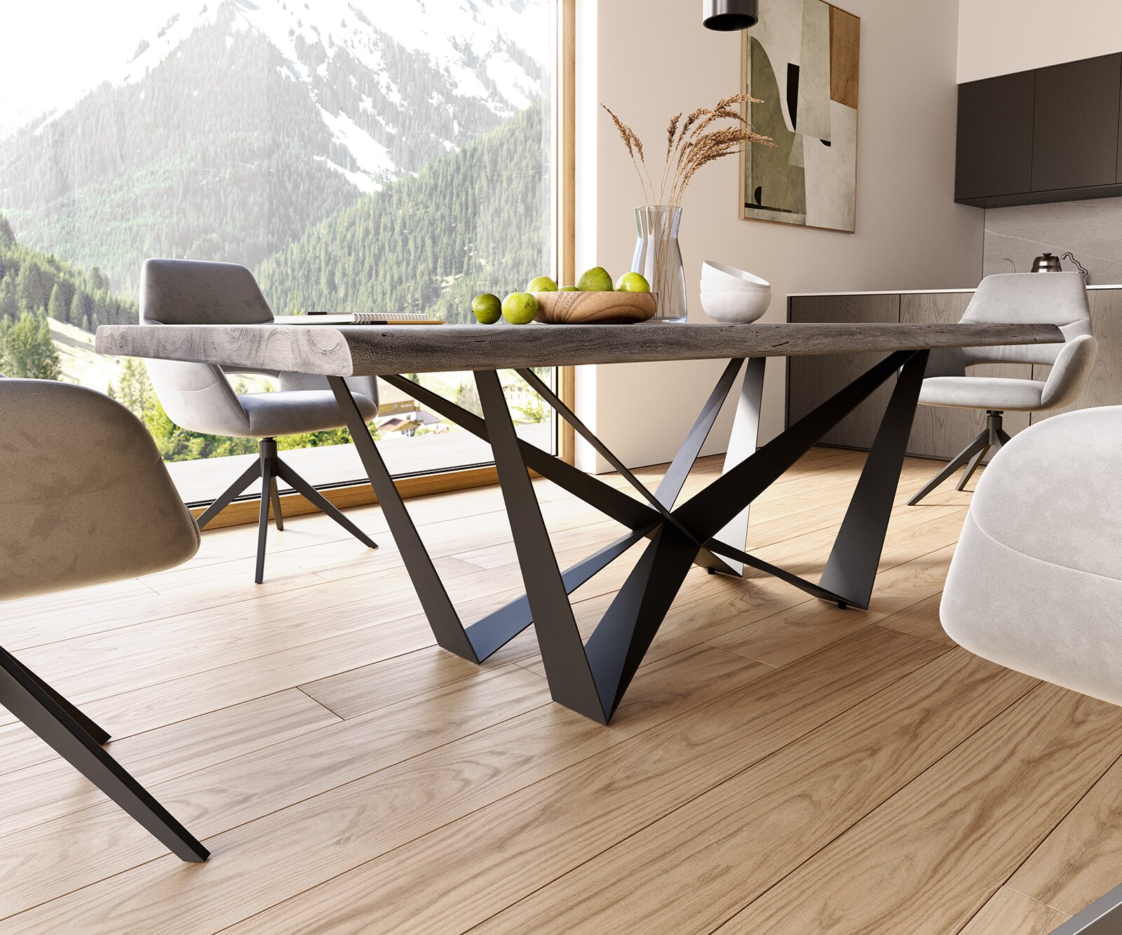 Esstisch Edge 220x100 XL Akazie Platin Spider Flachstahl Schwarz Live-Edge 5