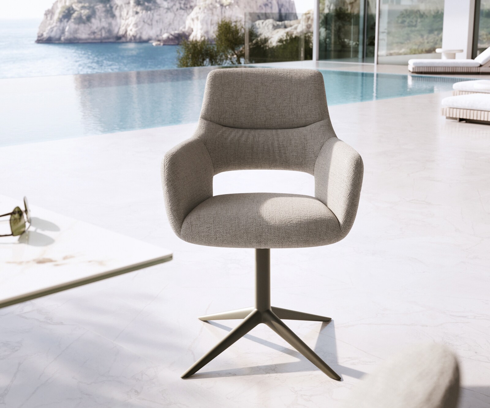 Chaise-d'extérieur Yago-Flex avec accoudoirs tissu texturé gris-blanc pied de chaise 4 branches aspect titane pivotement sur 360° fonction bascule 1