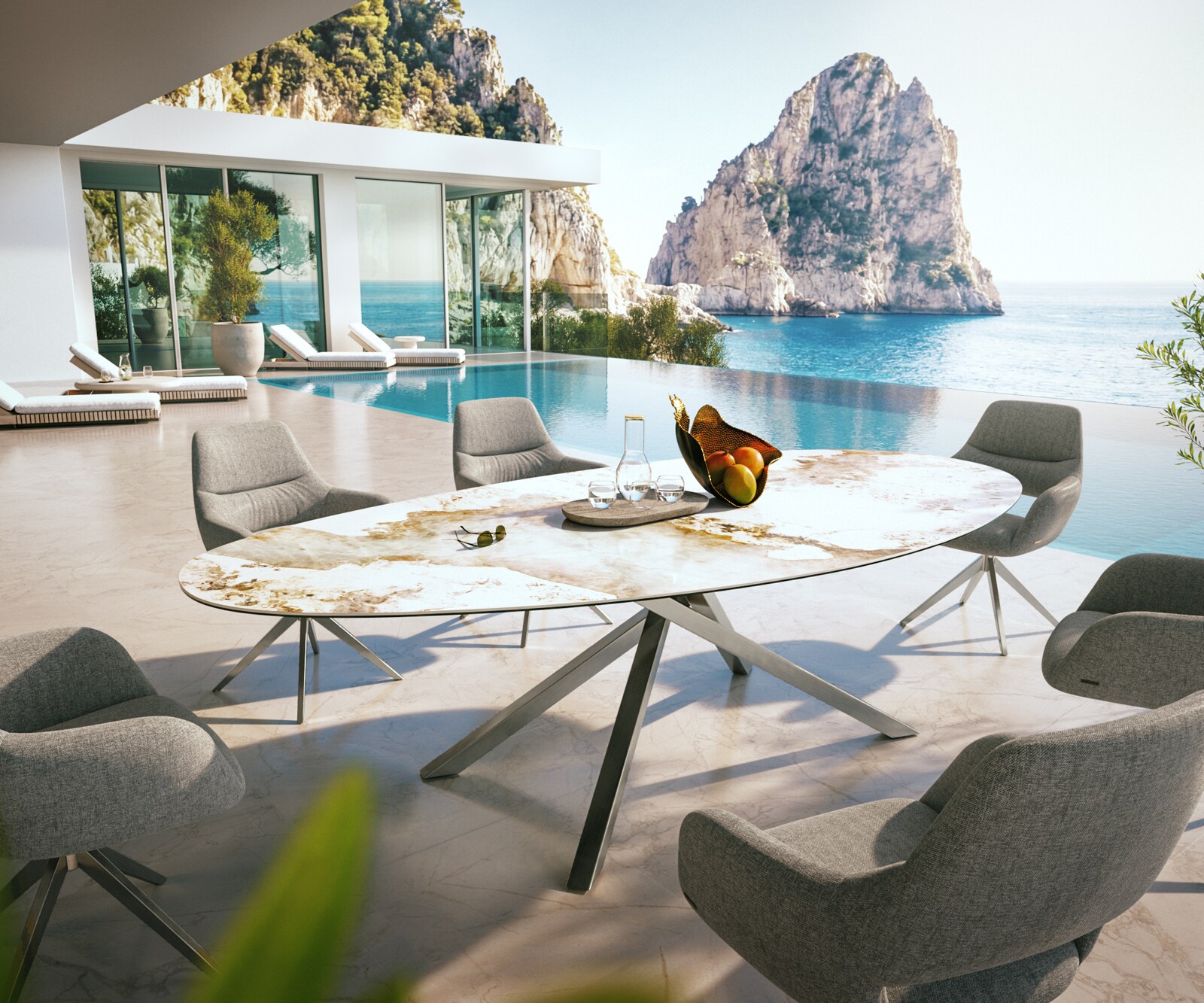 Table d’extérieur Edge Ovale 280x130 cm céramique Minas Melange blanc-beige piètement croisé rectangulaire en acier inoxydable 3