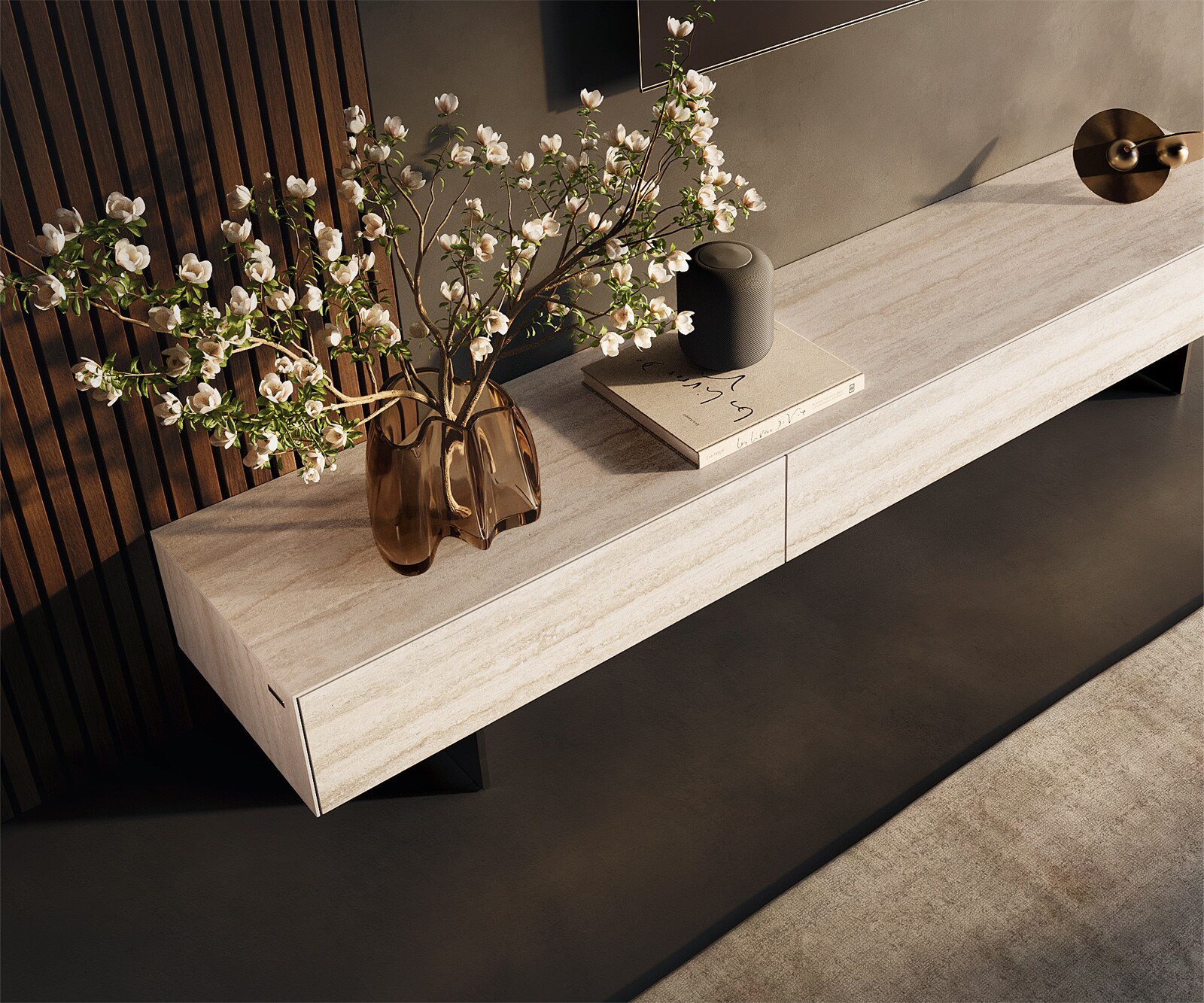 Meuble-TV Cuor 200 cm Céramique Laminam® Travertino Bianco Crème-blanc 1 Clapet 1 Tiroir Pied optique flottant Métal Noir 3