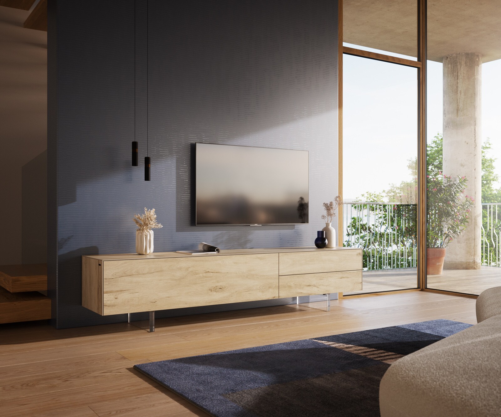 Lowboard Cuor 220 cm Keramik Laminam® Sabbia Eichefarbig 1 Klappe 2 Schubfächer Fuß Schwebeoptik Acrylglas
