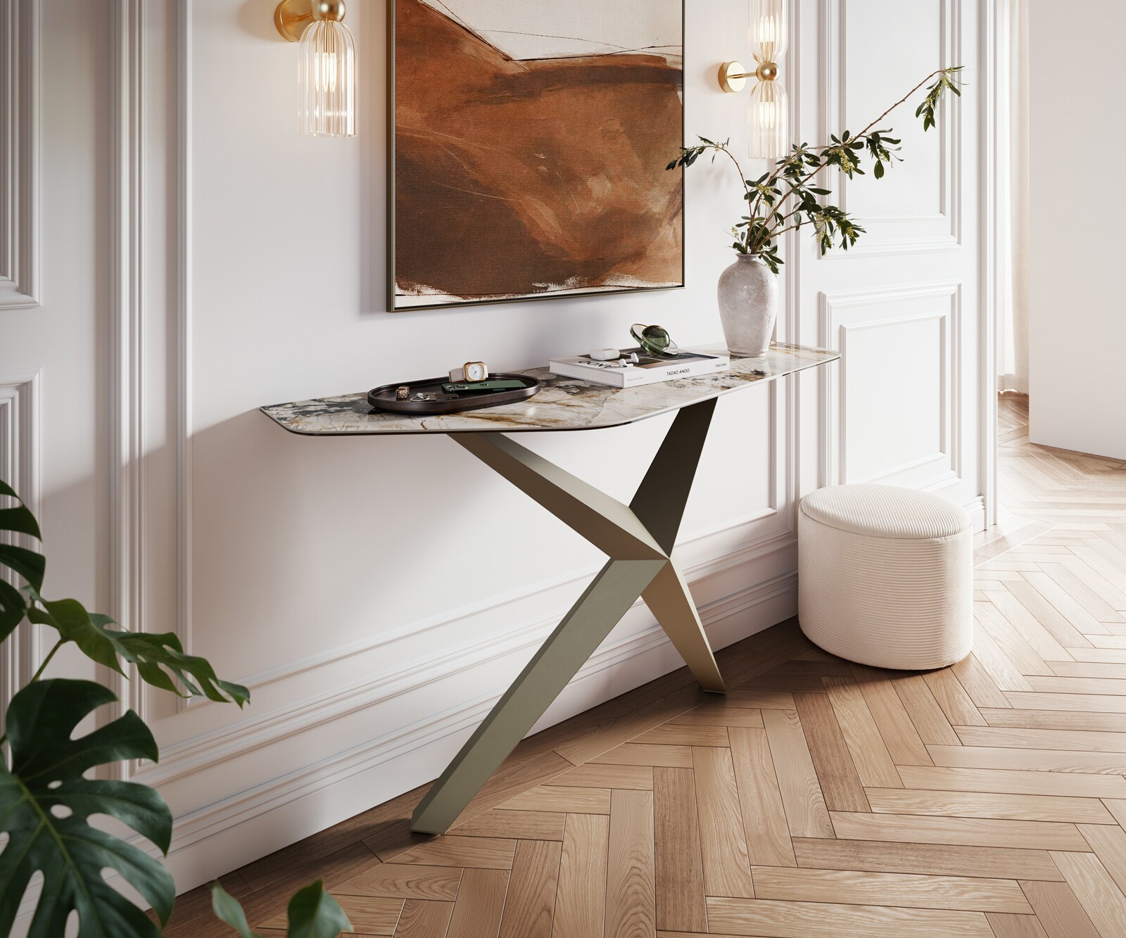 Konsolentisch Edge Polygonal 140x50 cm Keramik Patagonia Poliert Zentharo Metall Effektfinish Titan 4