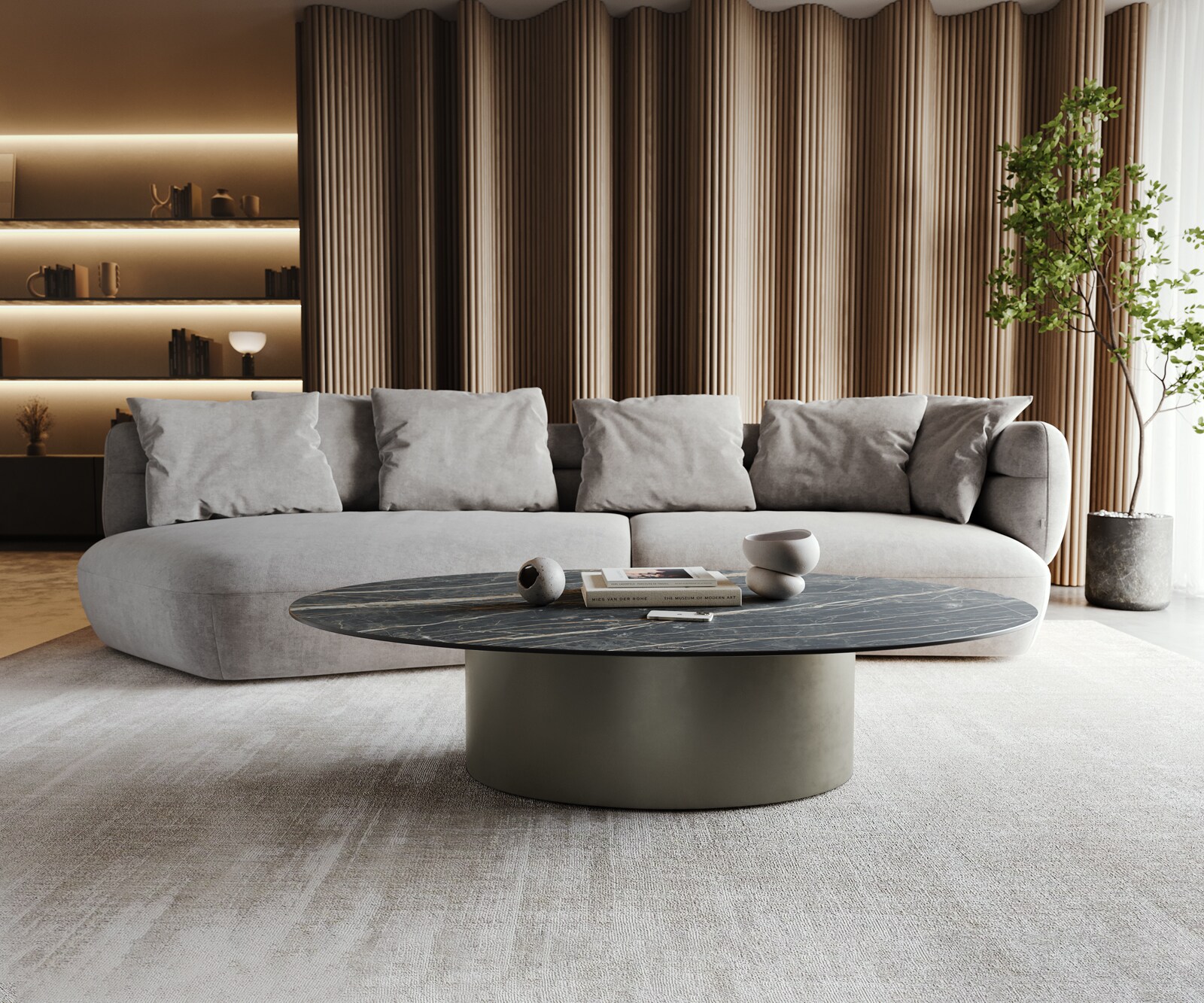 Table-basse Casilda 150x90 cm Céramique Laminam®Noir Desir Marron Pied central Finition à effet titane 1