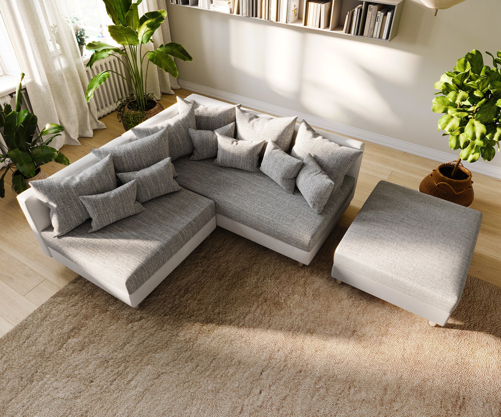 Ecksofa Clovis Weiss Hellgrau Hocker Ottomane Rechts modular 3 Ecksofa Clovis Weiss Hellgrau Hocker Ottomane Rechts modular 3