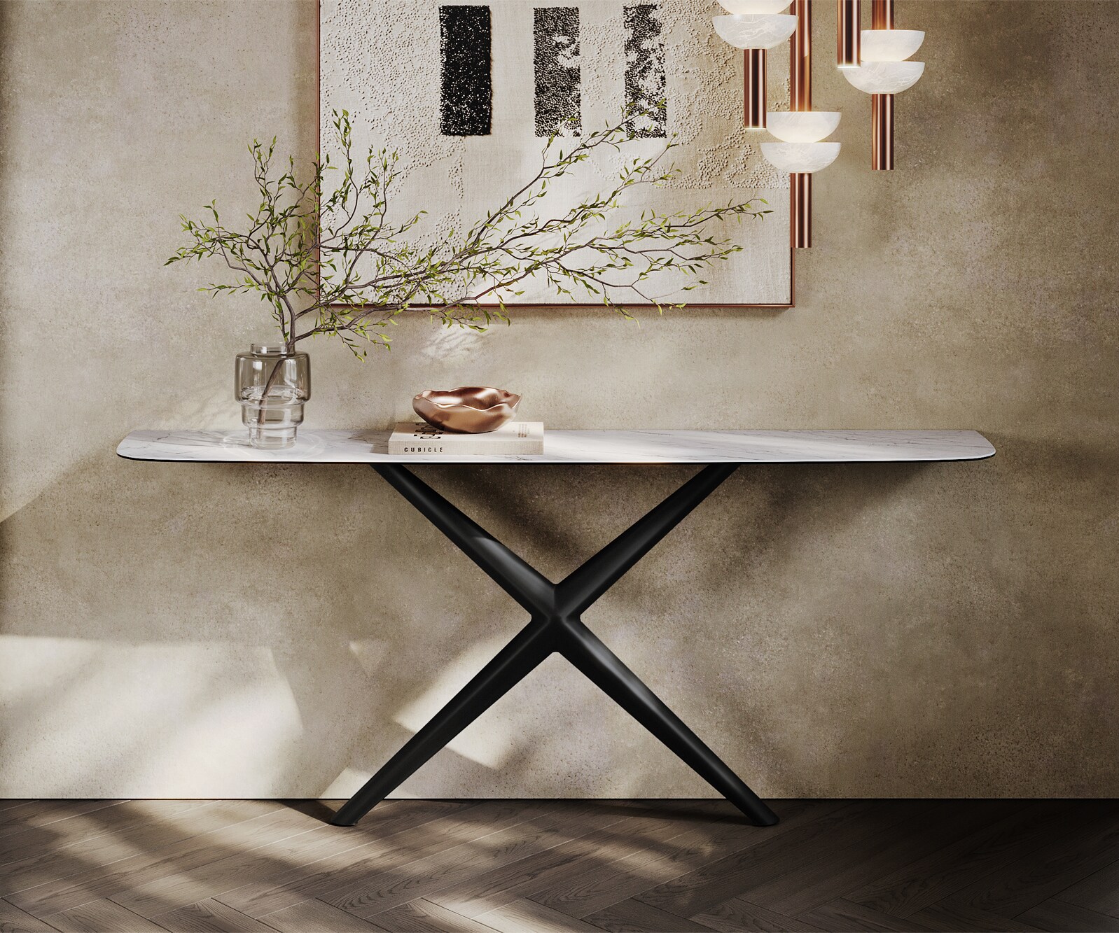 Console Edge forme bateau 180x40 cm Céramique Laminam® Statuarietto Weiß Estelo Métal Noir