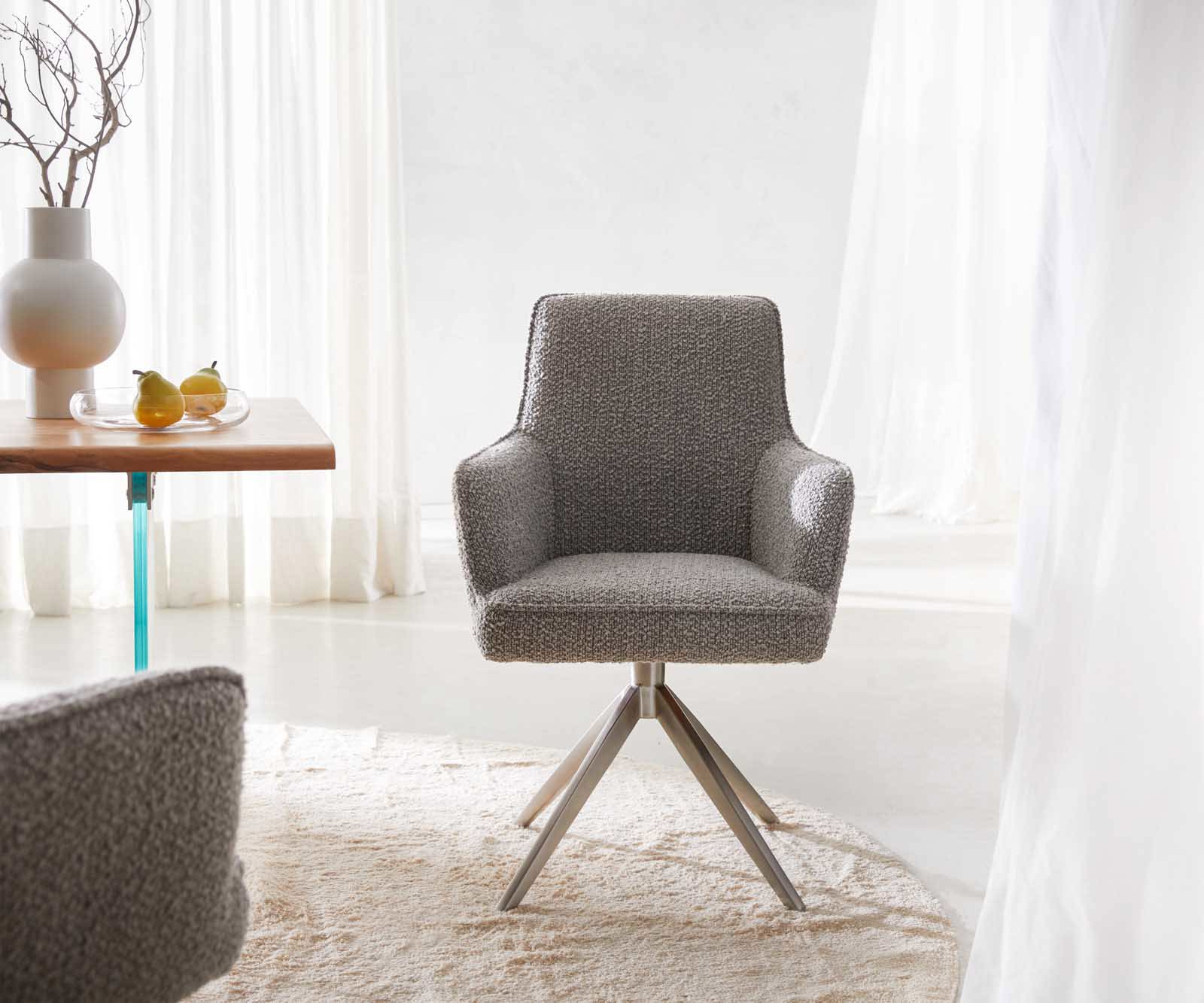Chaise-pivotante Heira-Flex avec accoudoirs bouclé gris argenté pied croisé large acier inoxydable brossé pivotement sur 360° ressorts ensachés 1