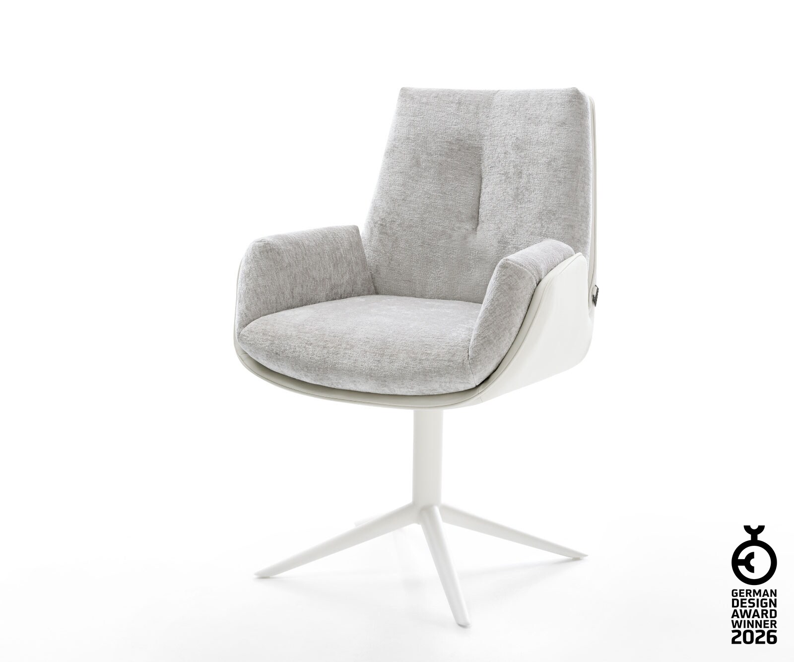 Drehstuhl Clea-Flex Materialmix Echtleder Weiß-Silbergrau Fußkreuz Weiß 360° drehbar Wippfunktion