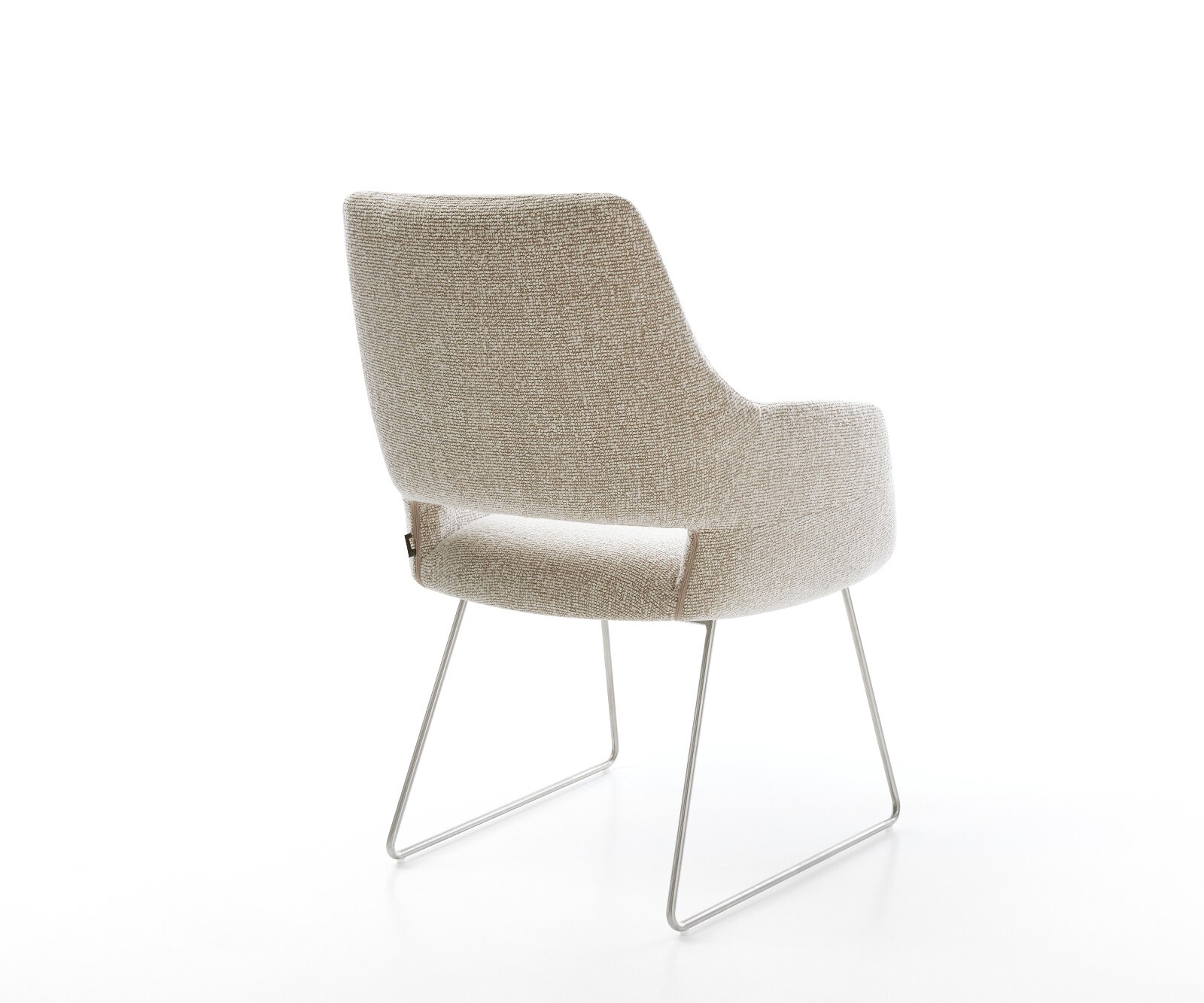 Chaise-de-salle-à-manger Yago-Flex avec accoudoirs tissu tissé doux beige pied trapèze acier inoxydable resorts ensachés 4