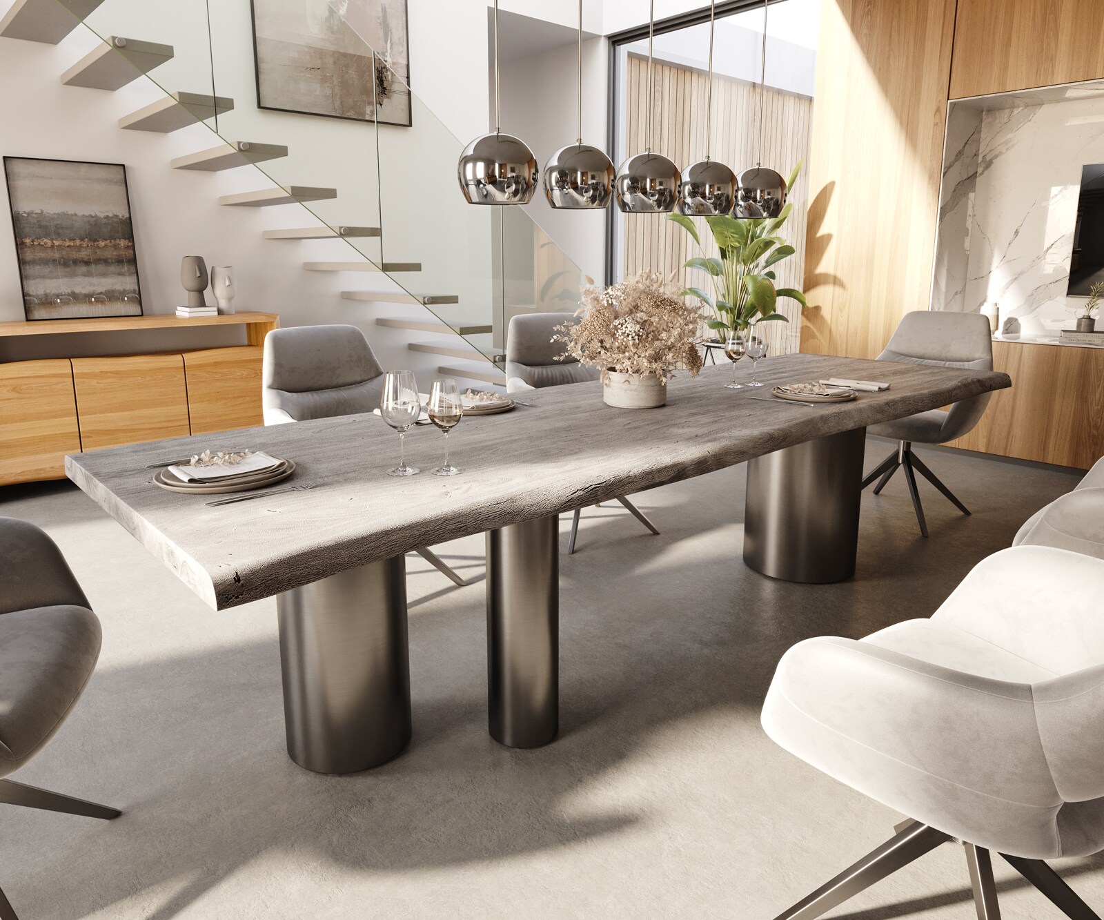 Esstisch Edge 300x100 XL Akazie Platin Troa Edelstahl Graphit Live-Edge 1