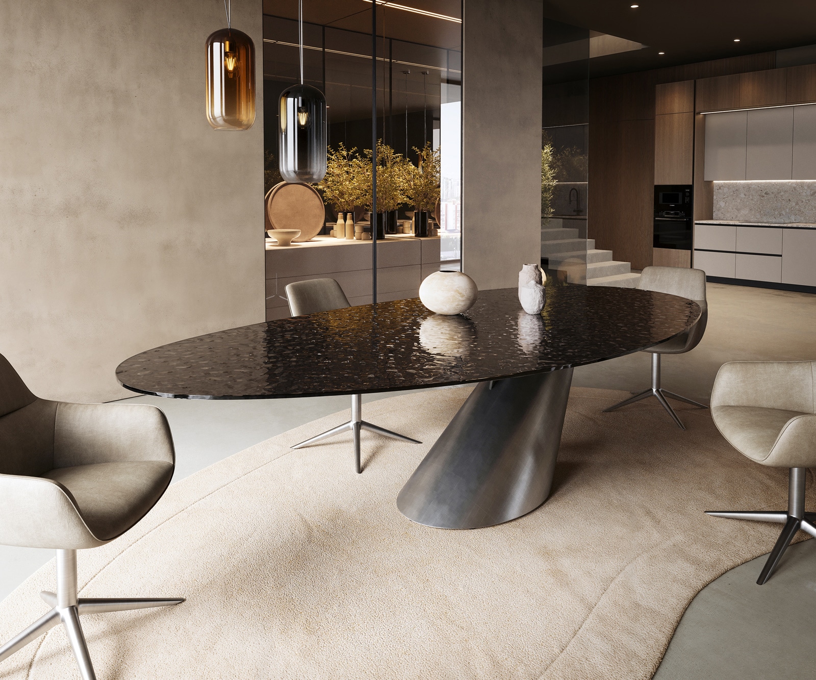 Esstisch Edge Oval 280x130 Reliefglas Rauchschwarz 3D-Design Cono Metallic Silber 2