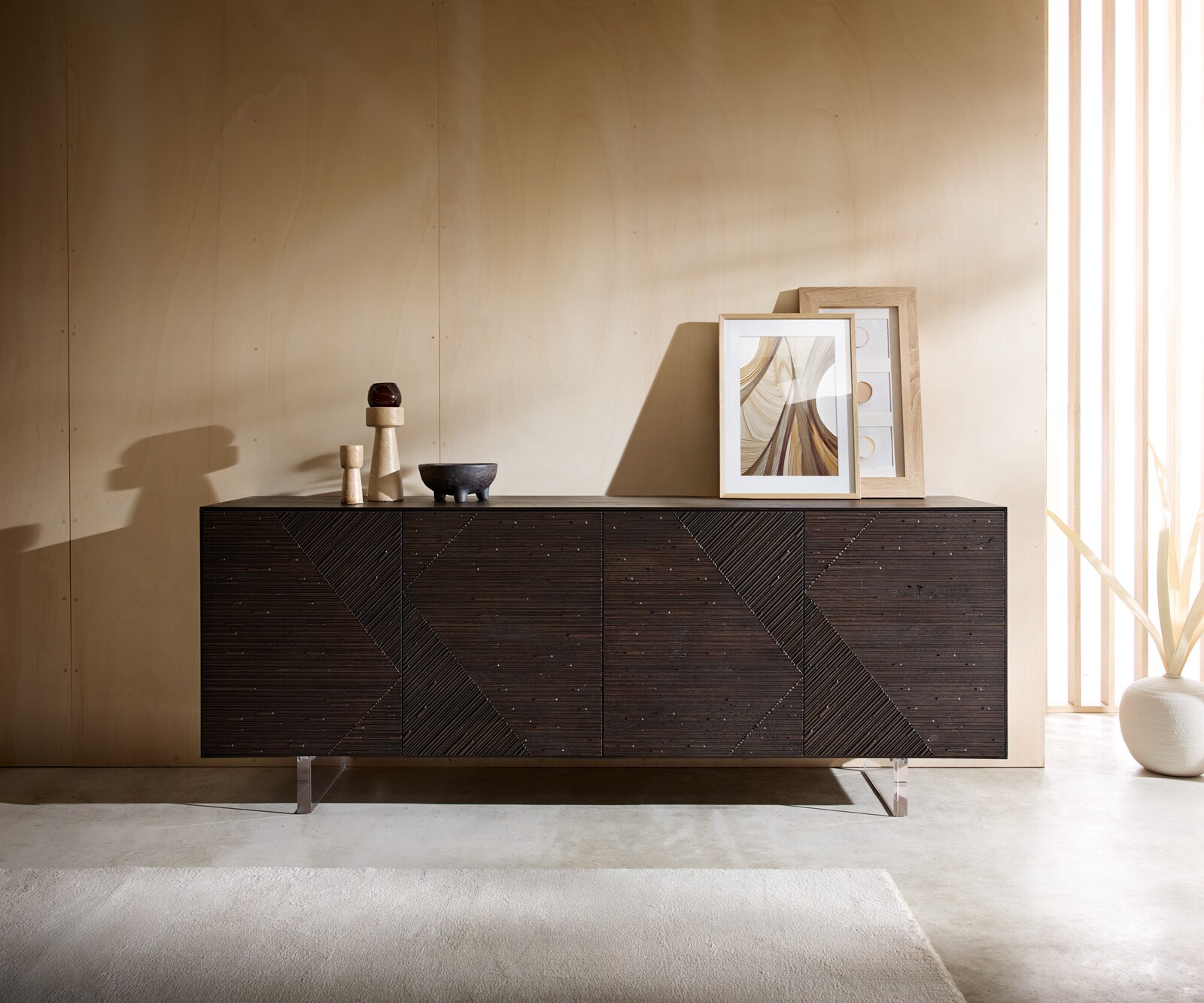 Sideboard Tereos 200 cm Esche Dunkelbraun 3D Effekt 4 Türen Fuß Schwebeoptik Acrylglas 1