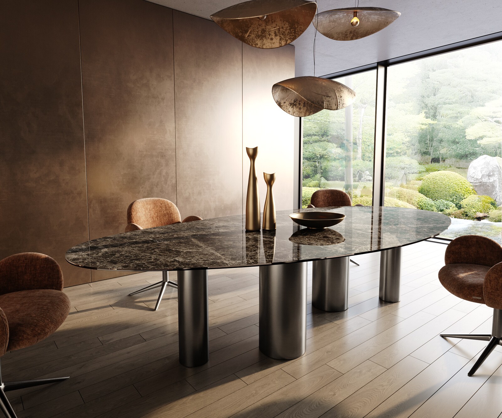 Esstisch Edge Oval 315x150 Keramik Emperador Extra Lucidato Dunkelbraun Pilier Edelstahl Graphit 1