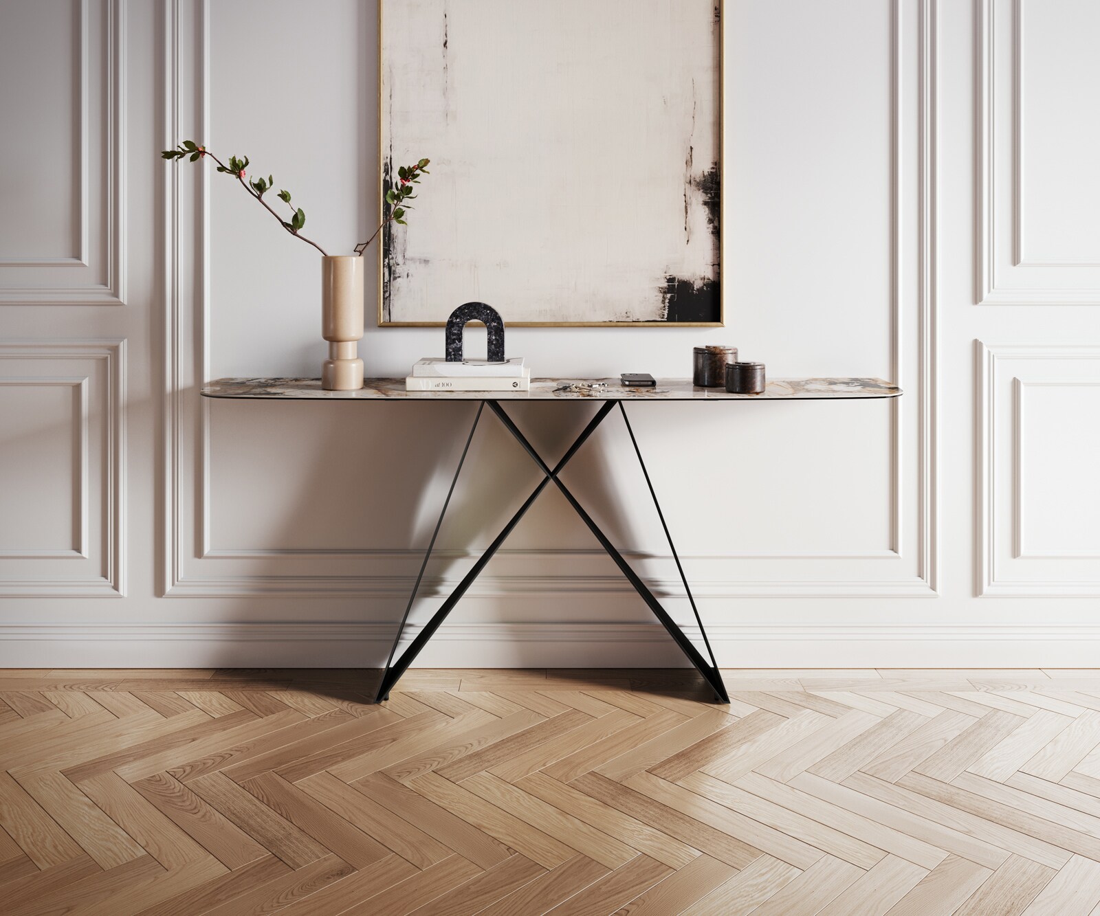 Console Edge forme bateau 180x40 cm Céramique Patagonia Poliert Velio Métal Noir 1