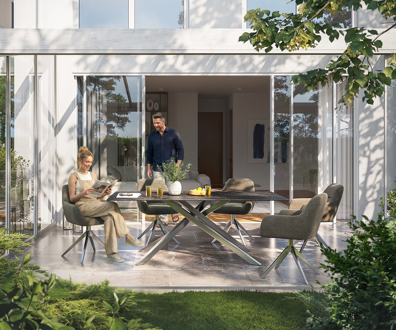 Table d’extérieur Edge 200x100 cm céramique Laminam® Nero Greco anthracite piètement croisé rectangulaire en acier inoxydable