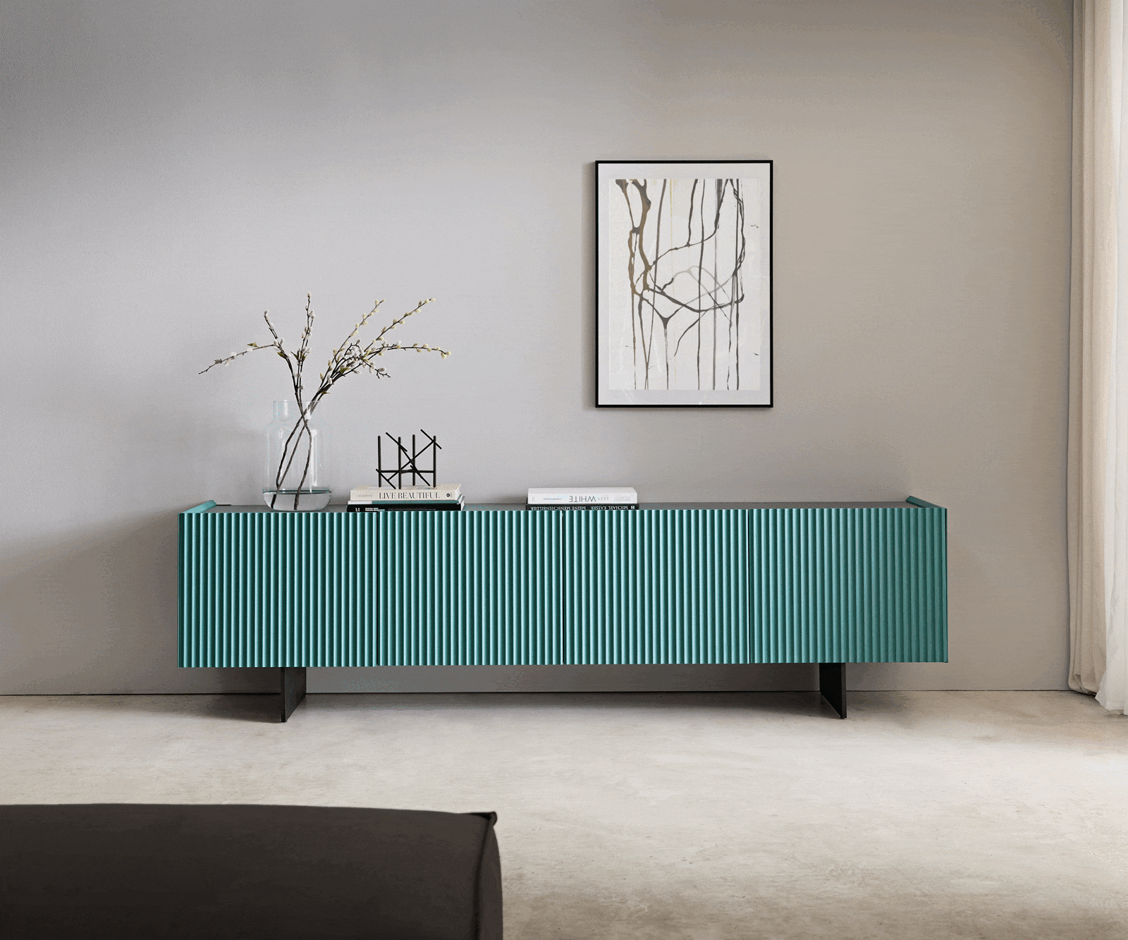 Meuble-TV Kelani 200 cm pétrole 4 portes pied flottant métal noir 2