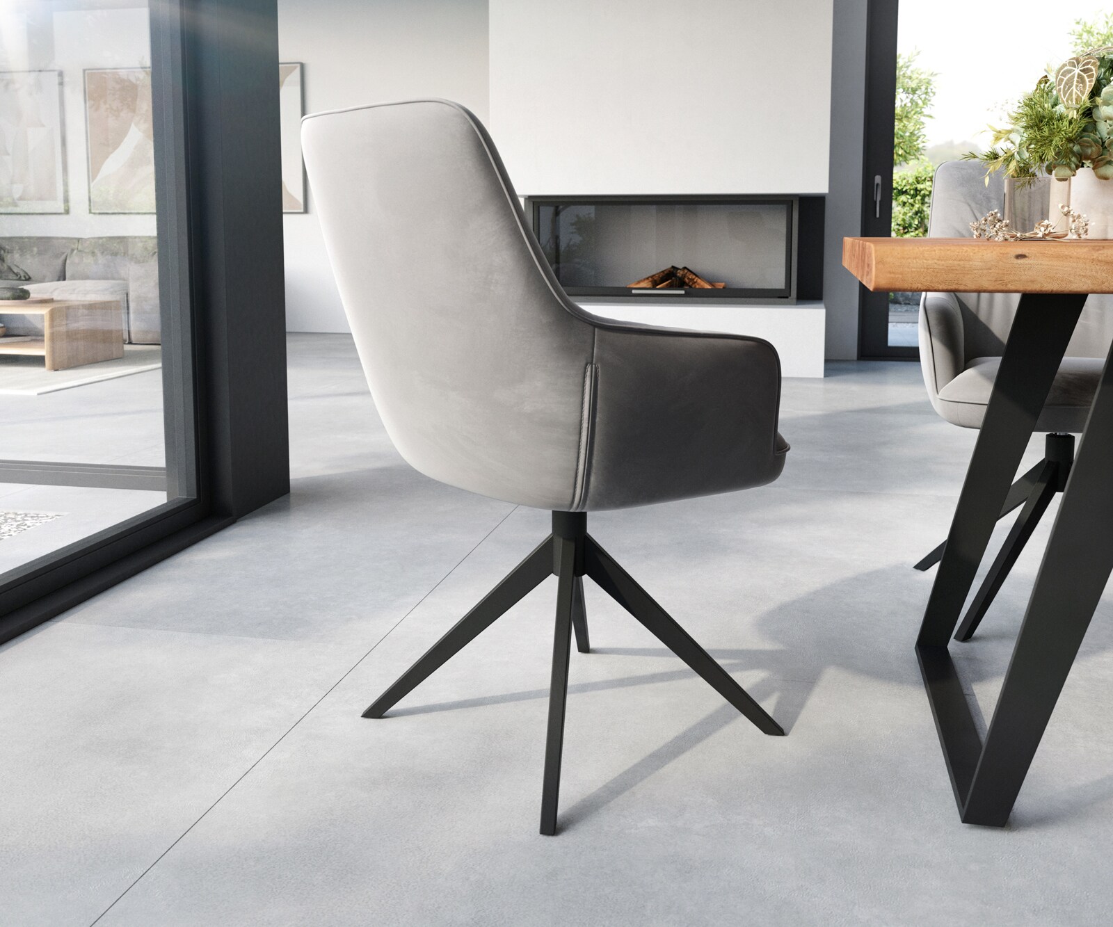 Chaise-de-salle-à-manger Zelia-Flex avec accoudoirs velours gris pied croisé large noir ressorts ensachés 4