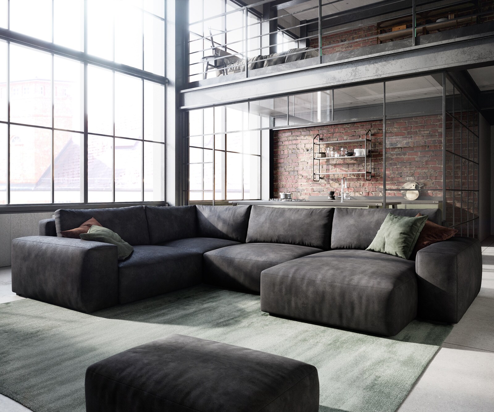 Wohnlandschaft Lanzo 300x210 cm Lederimitat Vintage Anthrazit Recamiere variabel mit Hocker