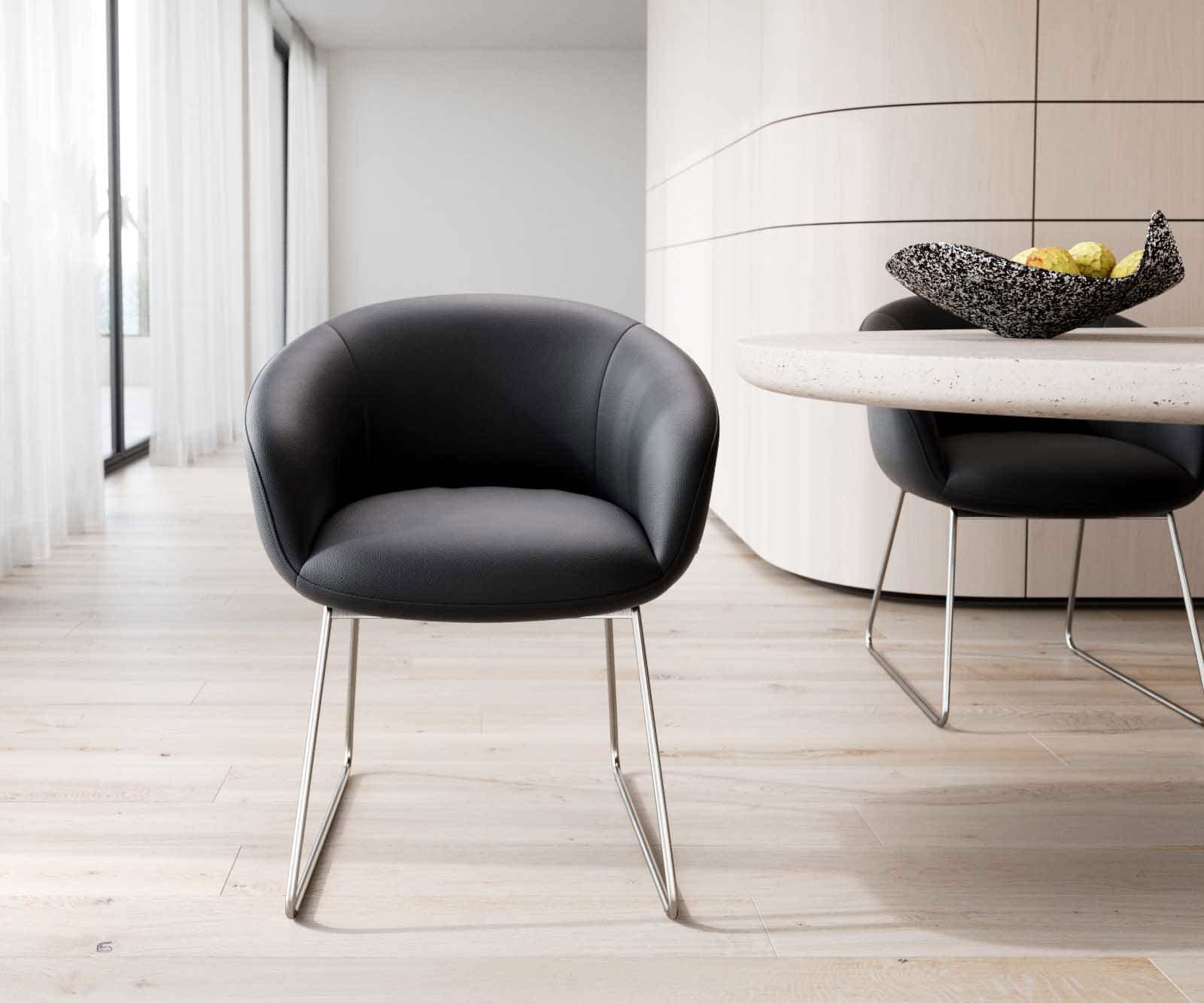 Esszimmerstuhl Vinka-Flex mit Armlehnen Echt-Leder Schwarz Kufengestell Edelstahl Taschenfederkern 1 Esszimmerstuhl Vinka-Flex mit Armlehnen Echt-Leder Schwarz Kufengestell Edelstahl Taschenfederkern 1