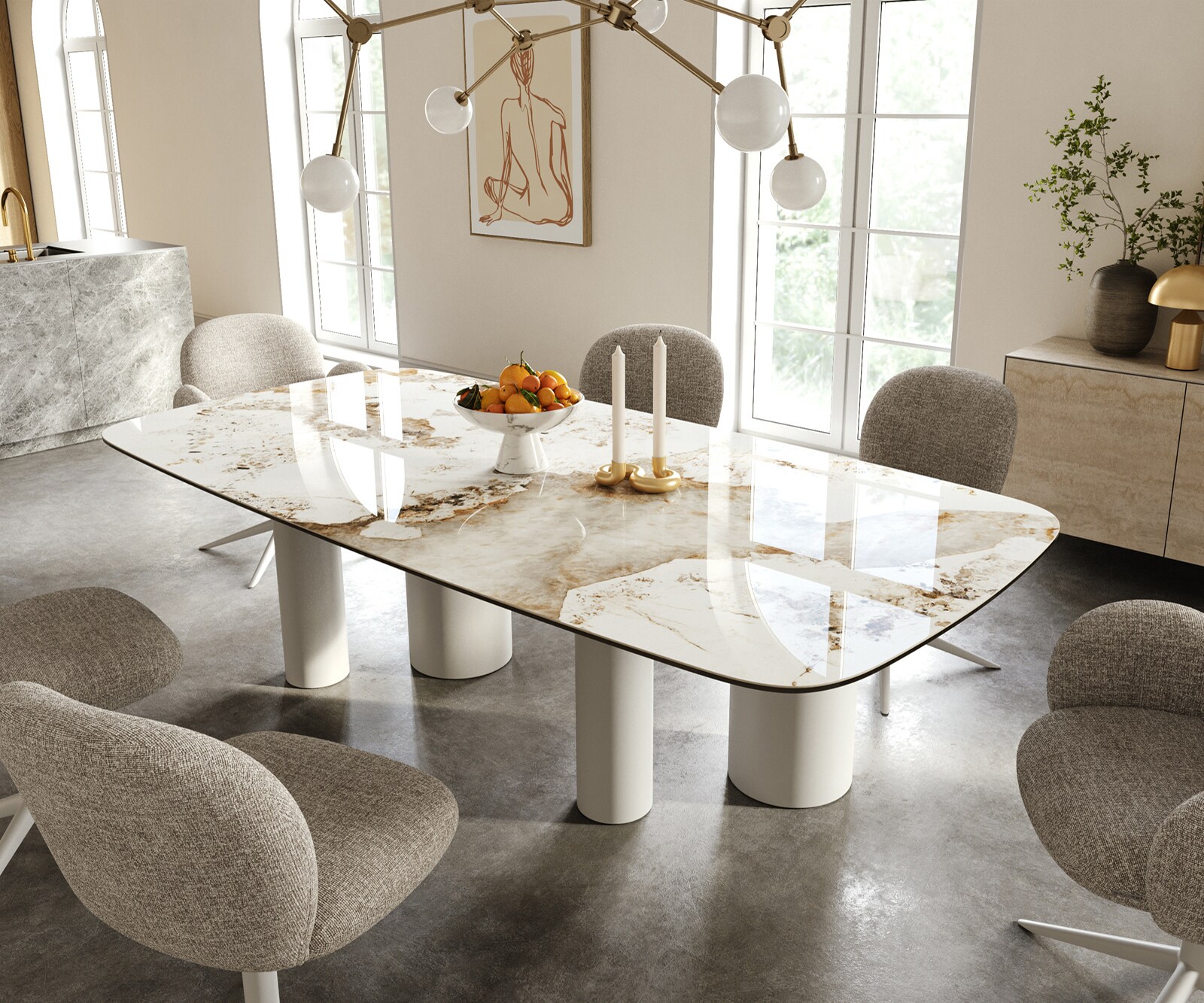 Table à manger Edge Boot 240x120 cm Céramique Minas Melange Blanc-Beige Pilier Métal Blanc