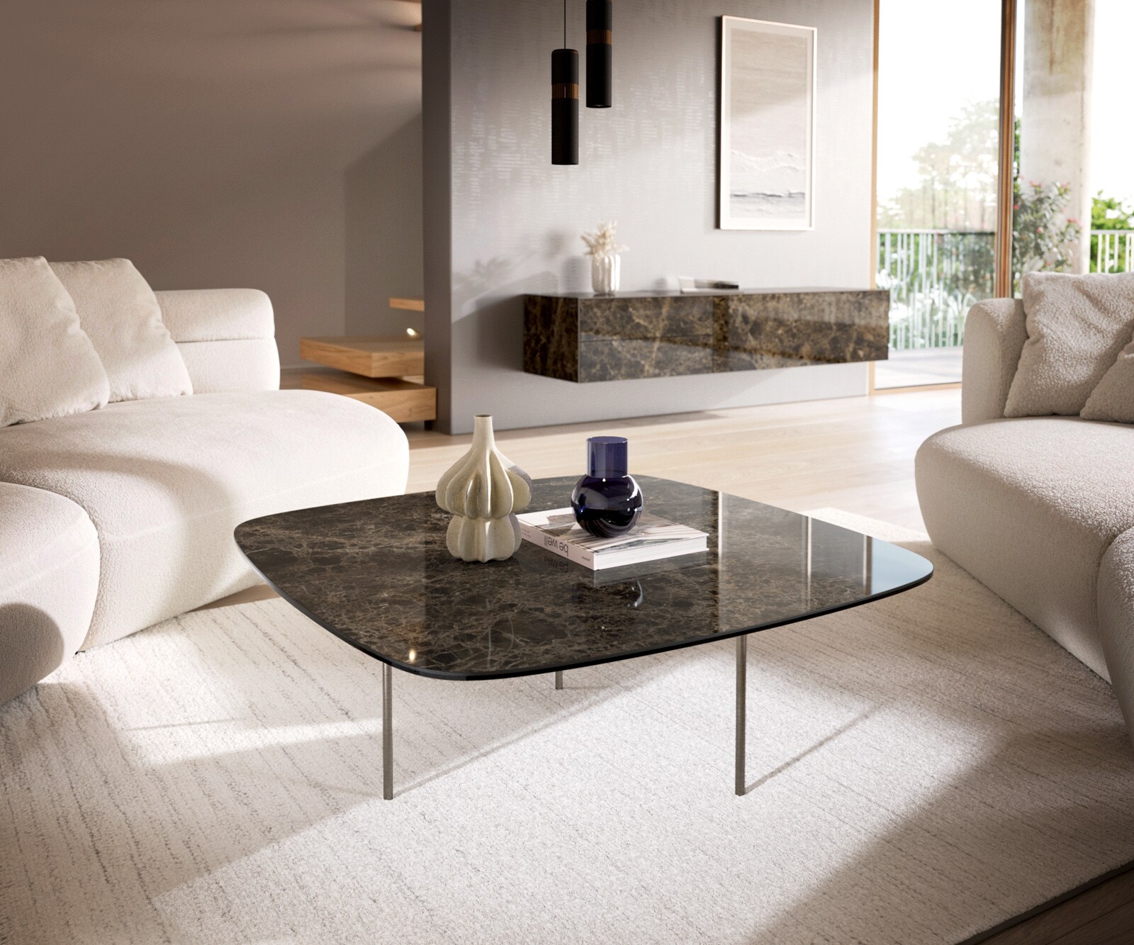 Couchtisch Edge Boot 90x90 cm Keramik Laminam® Emperador Extra Lucidato Dunkelbraun Trive Edelstahl gebürstet 1