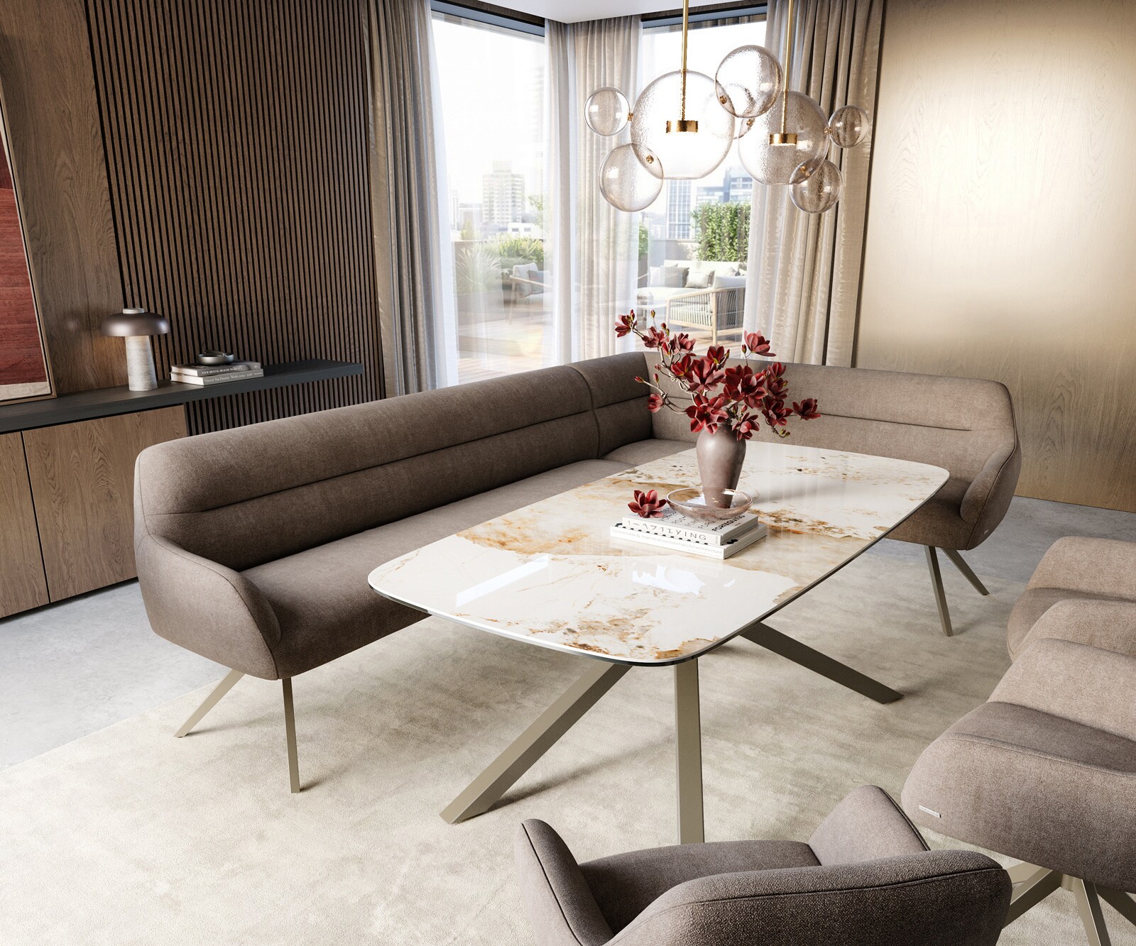 Esszimmerbank Taya-Flex 285x190 cm Strukturstoff Soft Taupe Kreuzgestell kantig Effektfinish Titan Taschenfederkern Links