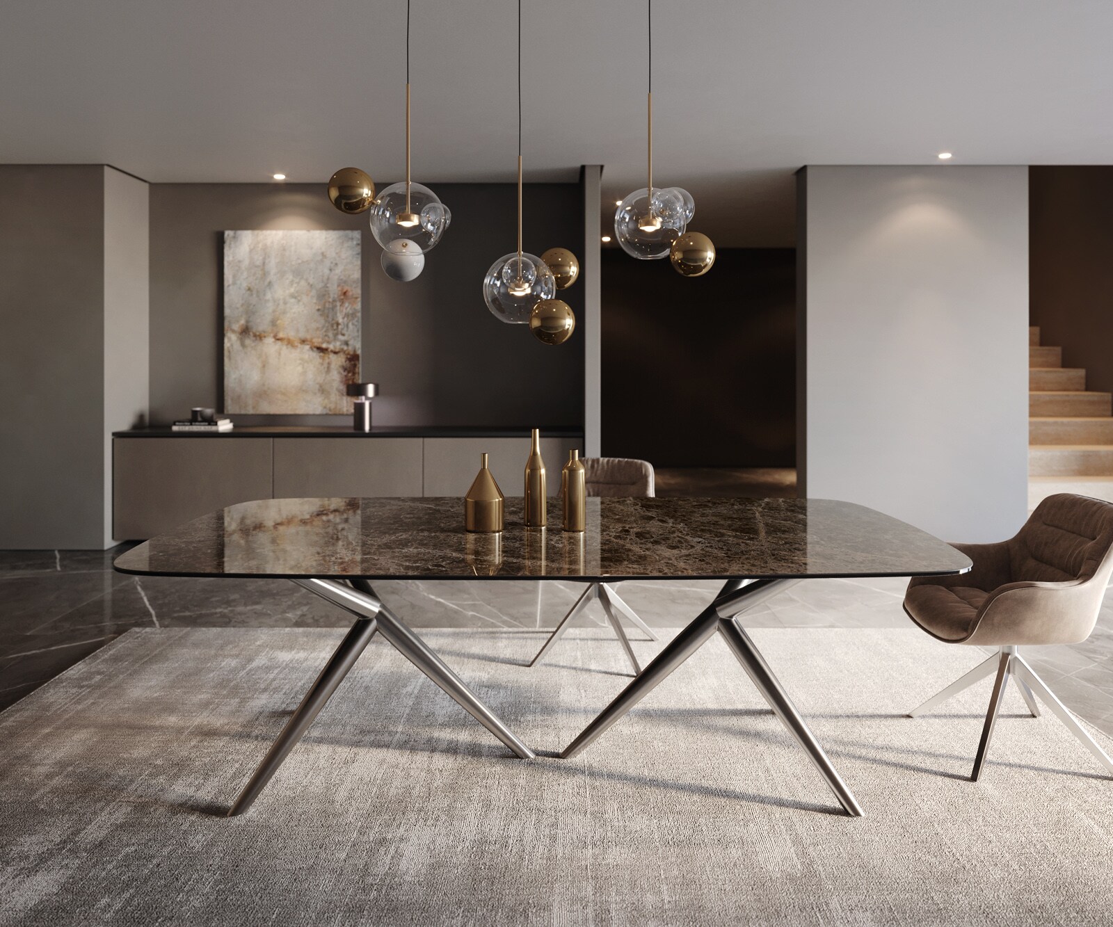 Esstisch Edge Boot 240x120 Keramik Laminam® Emperador Extra Lucidato Dunkelbraun Estelar rund Edelstahl 2