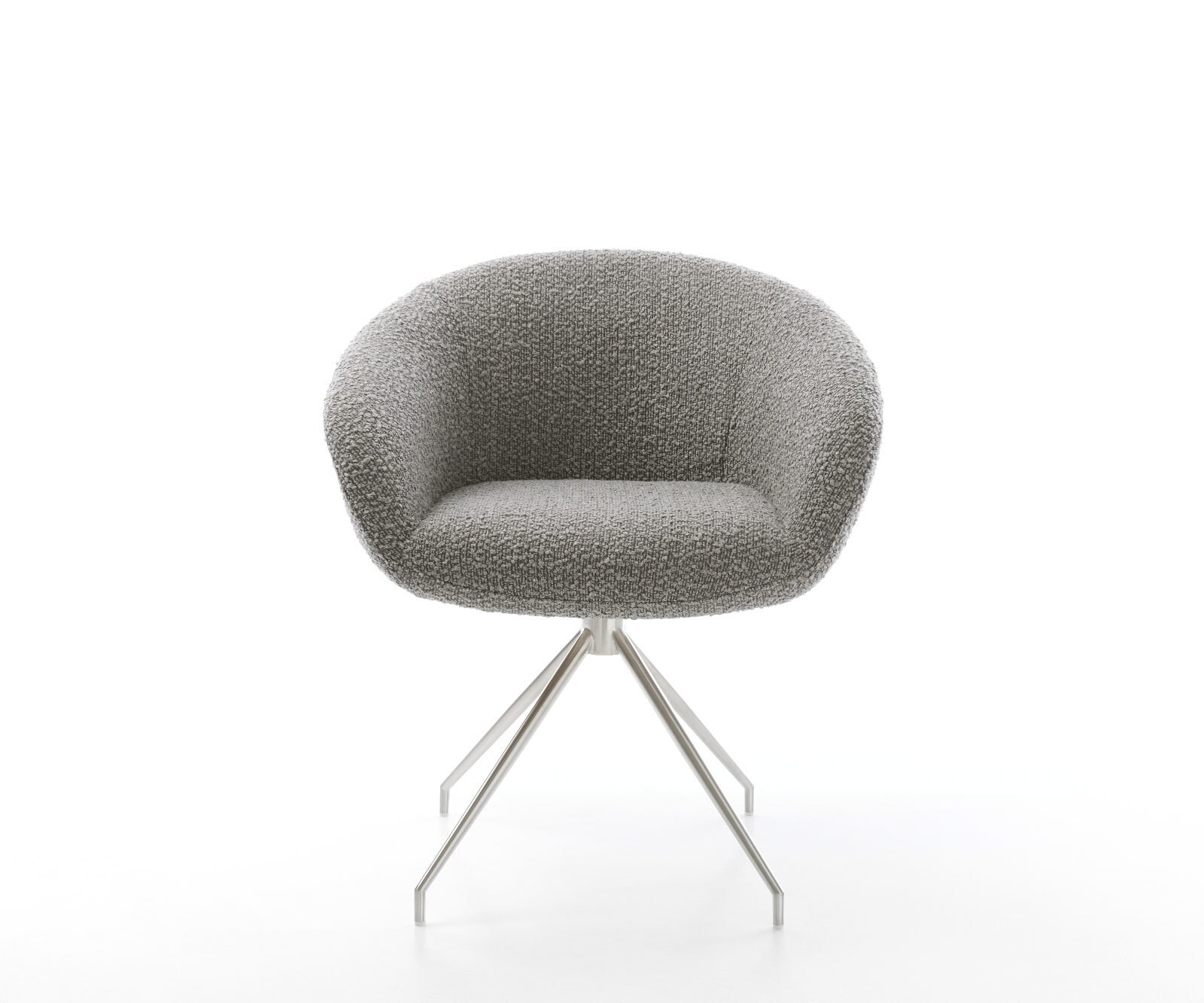 Chaise-pivotante Vinka-Flex avec accoudoirs bouclé gris argenté pied croisé conique acier inoxydable brossé pivotement sur 180° ressorts ensachés 1