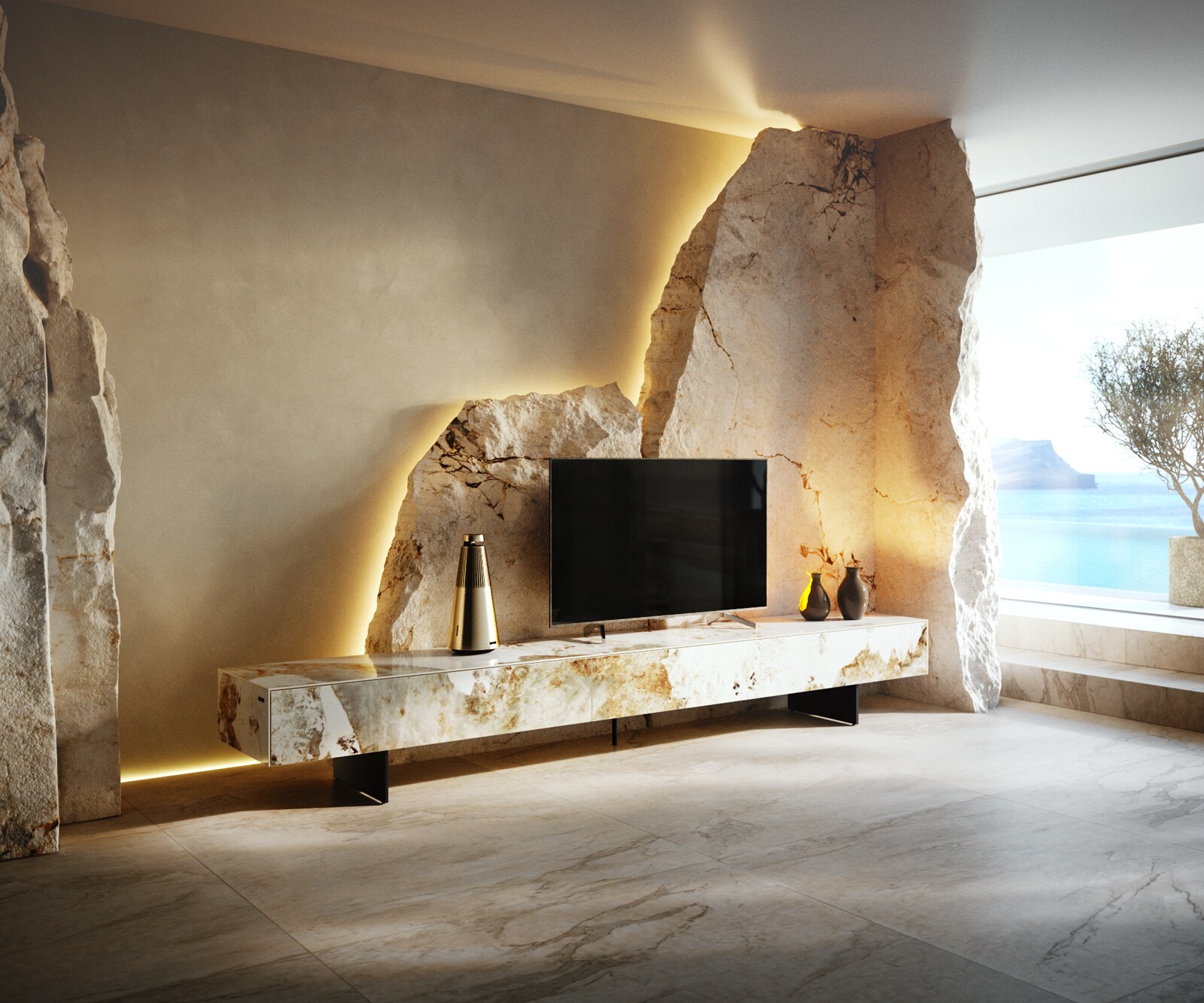 Meuble-TV Cuor 250 cm Céramique Minas Melange Blanc-beige 1 Clapet 1 Tiroir Pied optique flottant Métal Noir 2