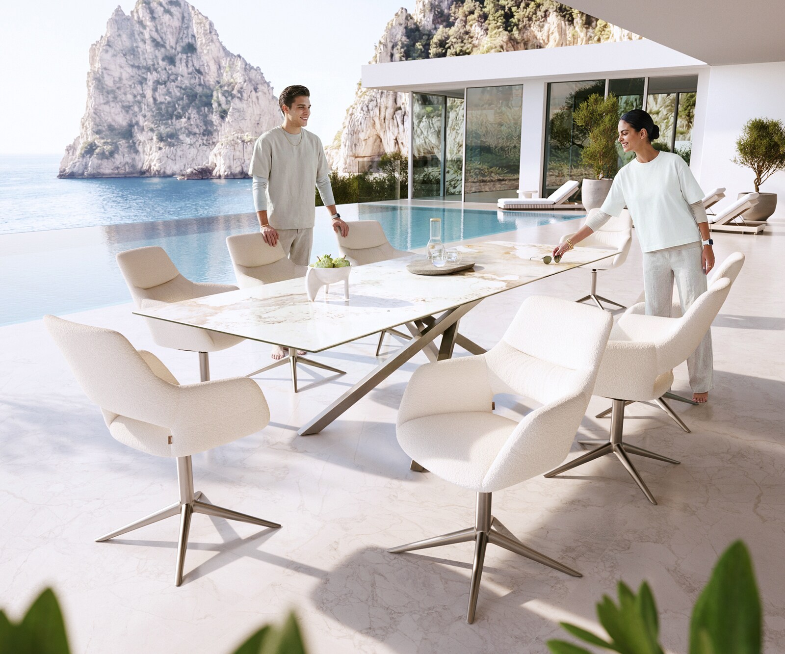 Chaise-d'extérieur Yago-Flex avec accoudoirs bouclé blanc pied de chaise 4 branches acier inoxydable pivotement sur 360° fonction bascule 3