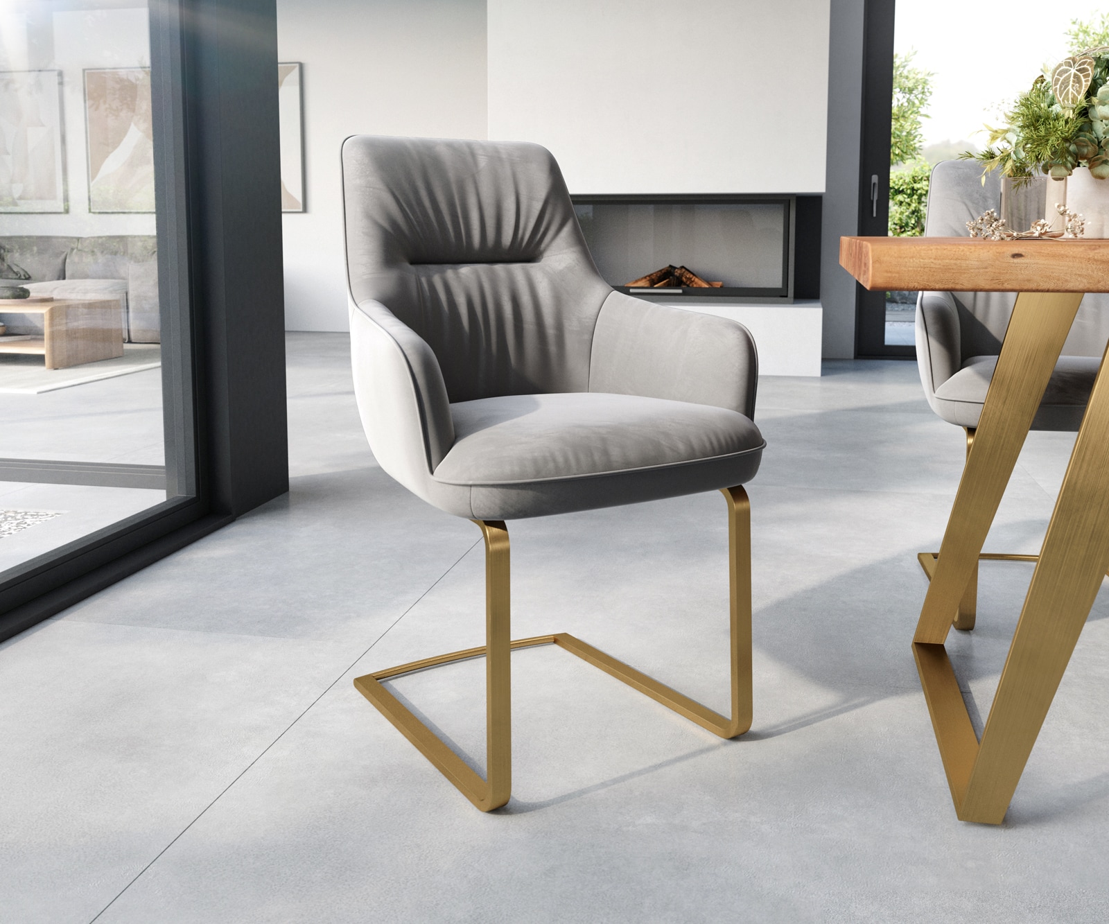 Schwingstuhl Zelia-Flex mit Armlehnen Samt Grau Freischwinger flach Gold  Taschenfederkern