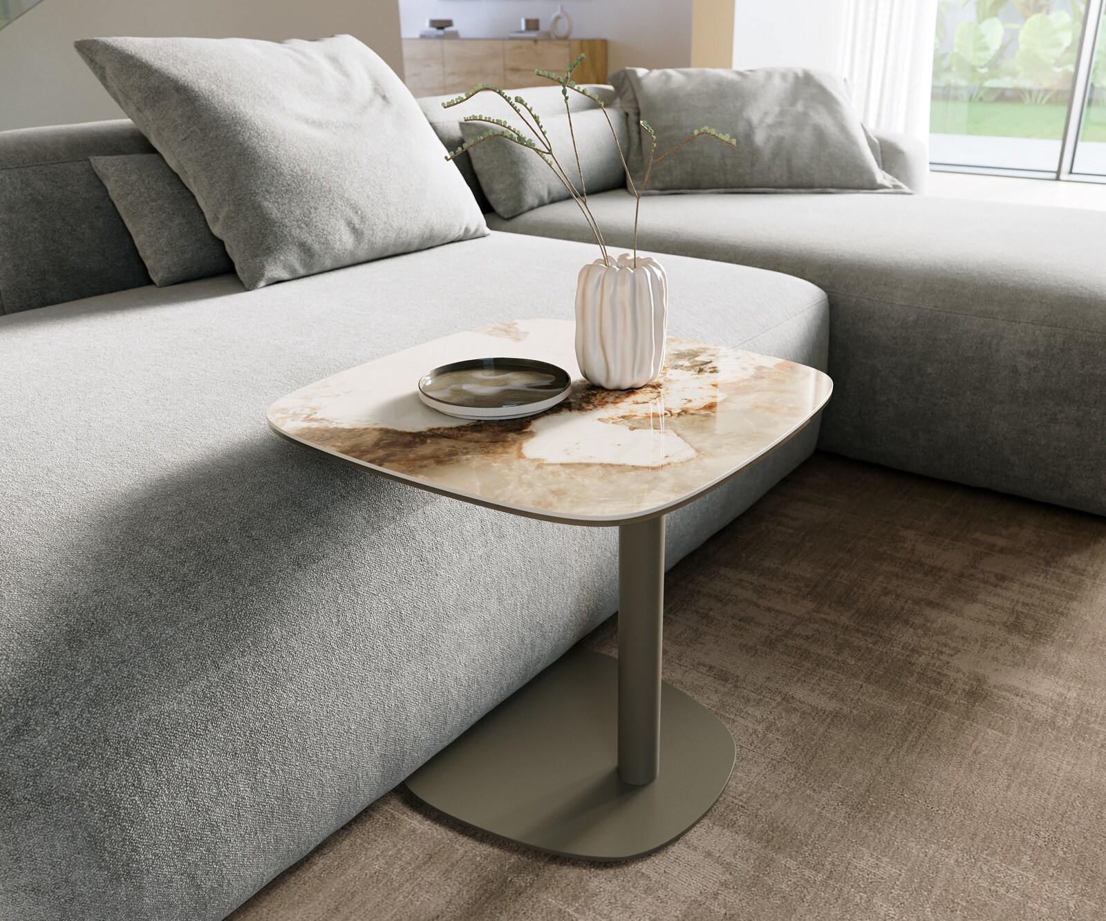 Table basse Edge Boot 90x90 cm céramique Laminam® Noir Desir brun Parabi acier inoxydable brossé 3