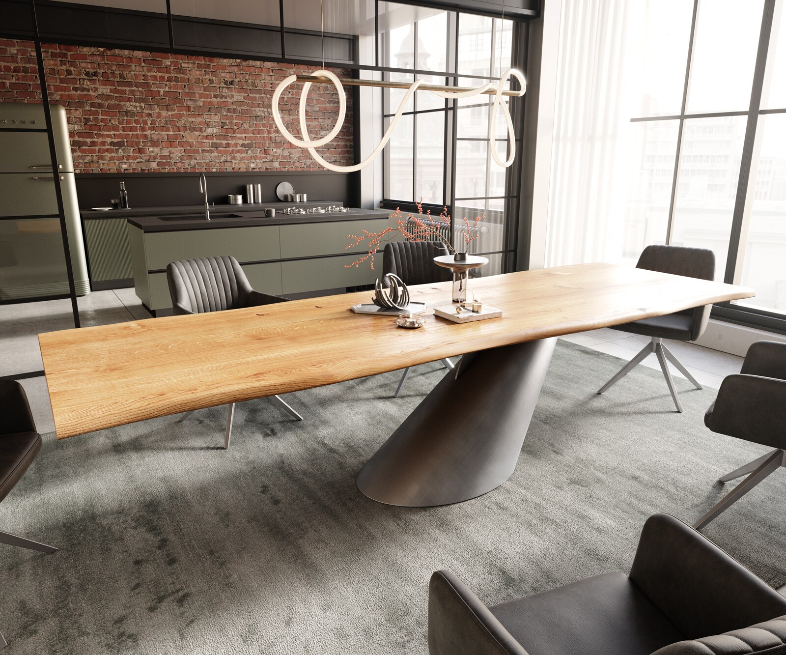 Table à manger Edge 300x100x4 chêne naturee Cono métallique argent Live-Edge 1