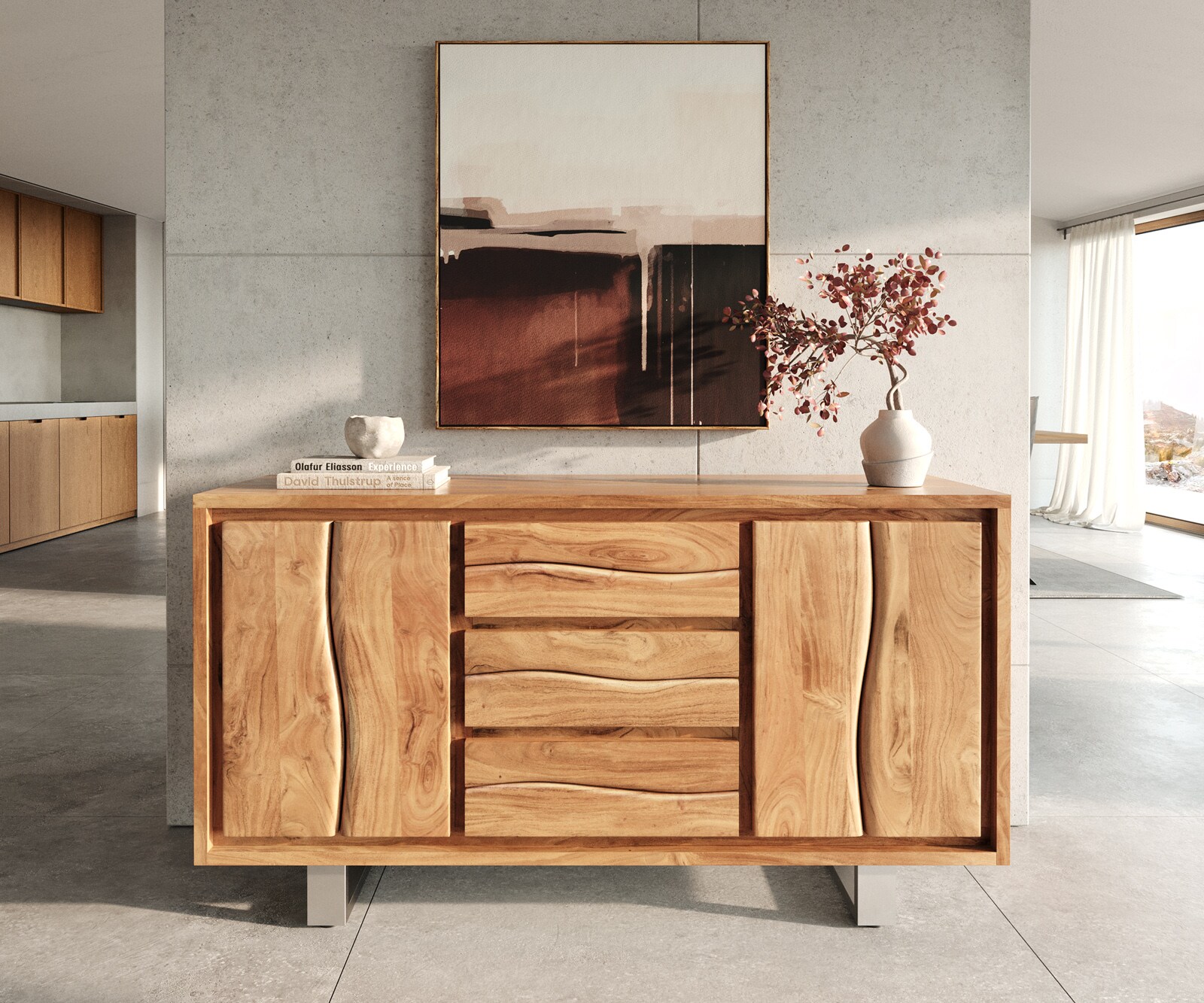 Sideboard Live-Edge 147 cm Akazie Natur 3 Schübe 2 Türen 2