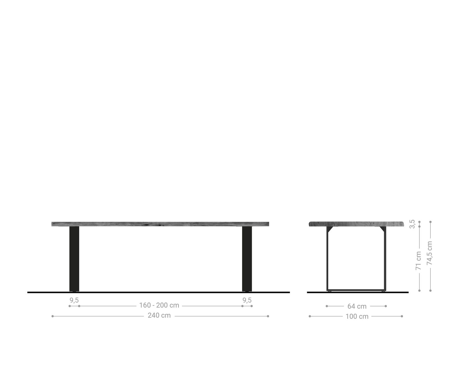 Table-à-manger Edge 240x100cm acacia nature acier inoxydable mince Live-Edge 6