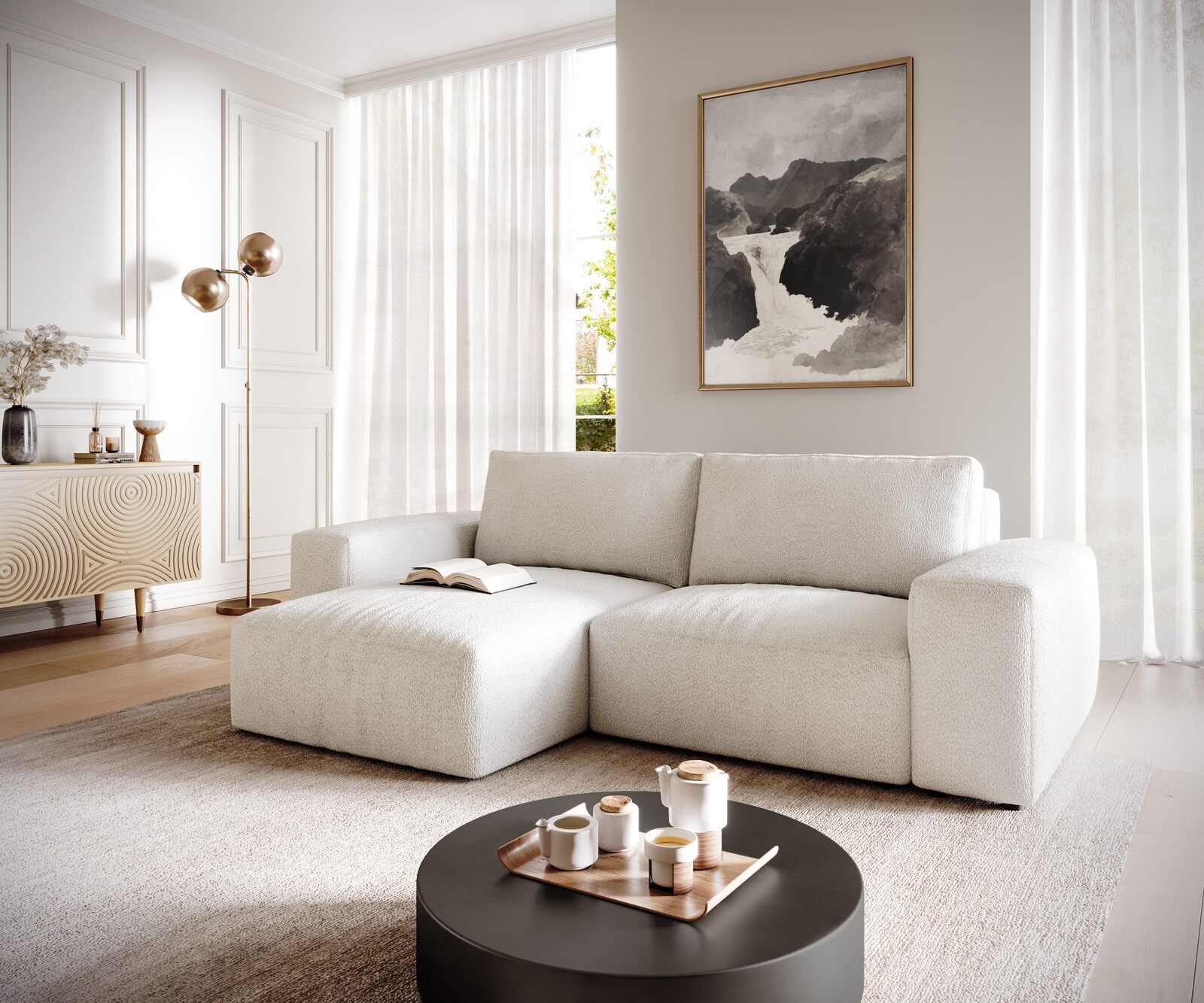 Canapé d’angle Lanzo 230x155 cm bouclé blanc crème méridienne réversible