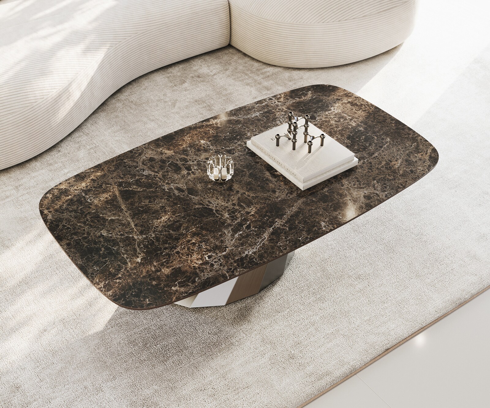 Table basse Edge bateau 140x80 cm céramique Emperador Extra Lucidato brun foncé Parabi acier inoxydable brossé 4