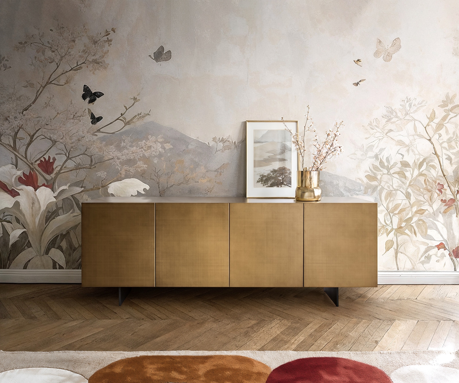 Sideboard Aira 200 cm Metallic Gold 4 Türen schwebend Metall Schwarz