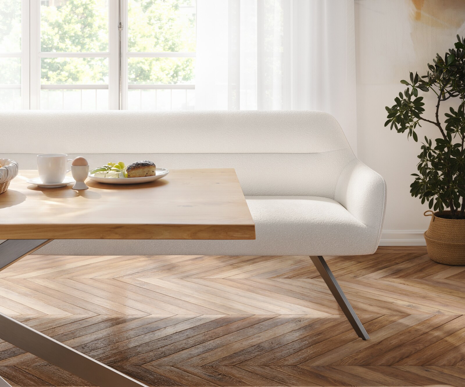 Esszimmerbank Taya-Flex 300 cm Bouclé Creme-Weiß Kreuzgestell kantig Graphit Taschenfederkern 3