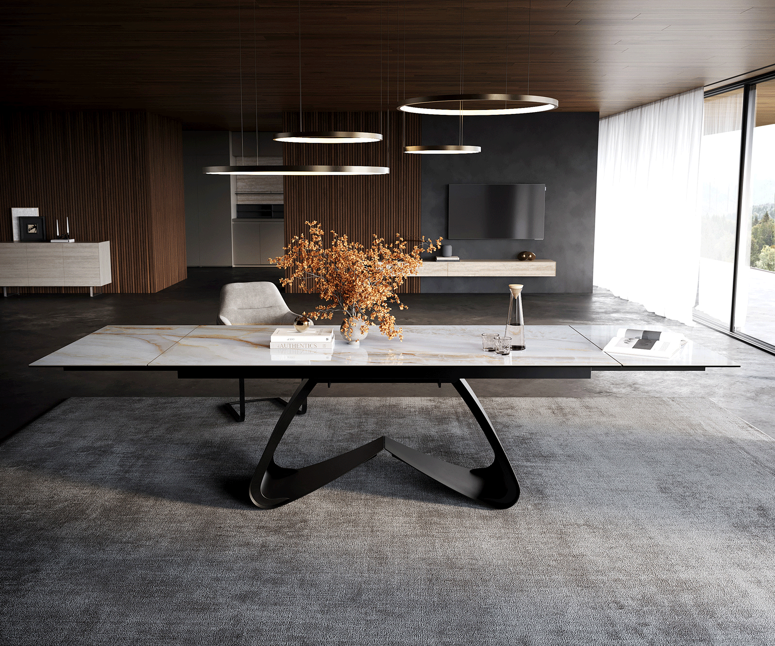 Esstisch Edge 200-300x100 cm Keramik Onyx Pearl W-Gestell Metall Schwarz ausziehbar 1