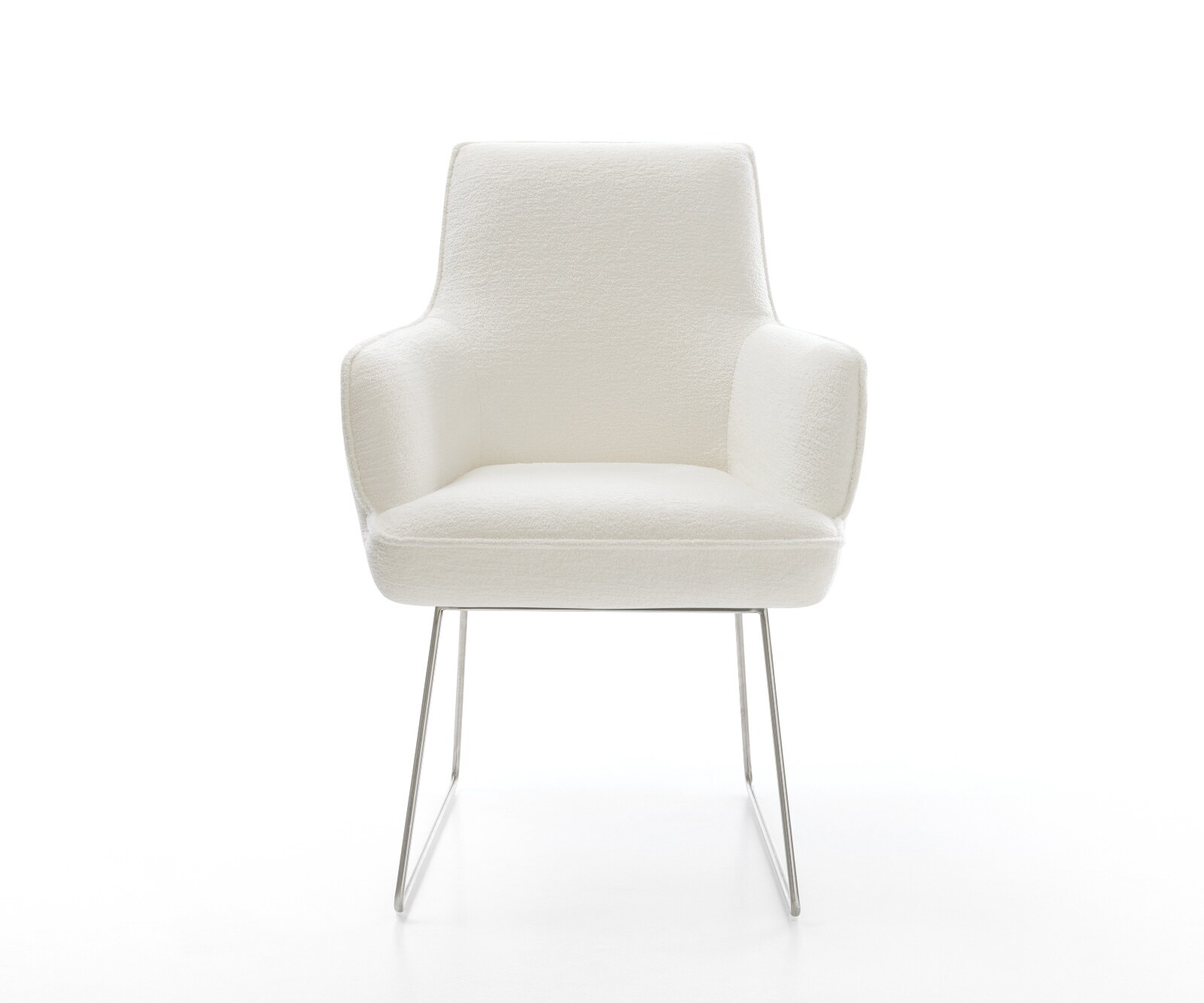 Esszimmerstuhl Heira-Flex mit Armlehnen Bouclé Soft Beige Kufengestell Edelstahl Taschenfederkern 1