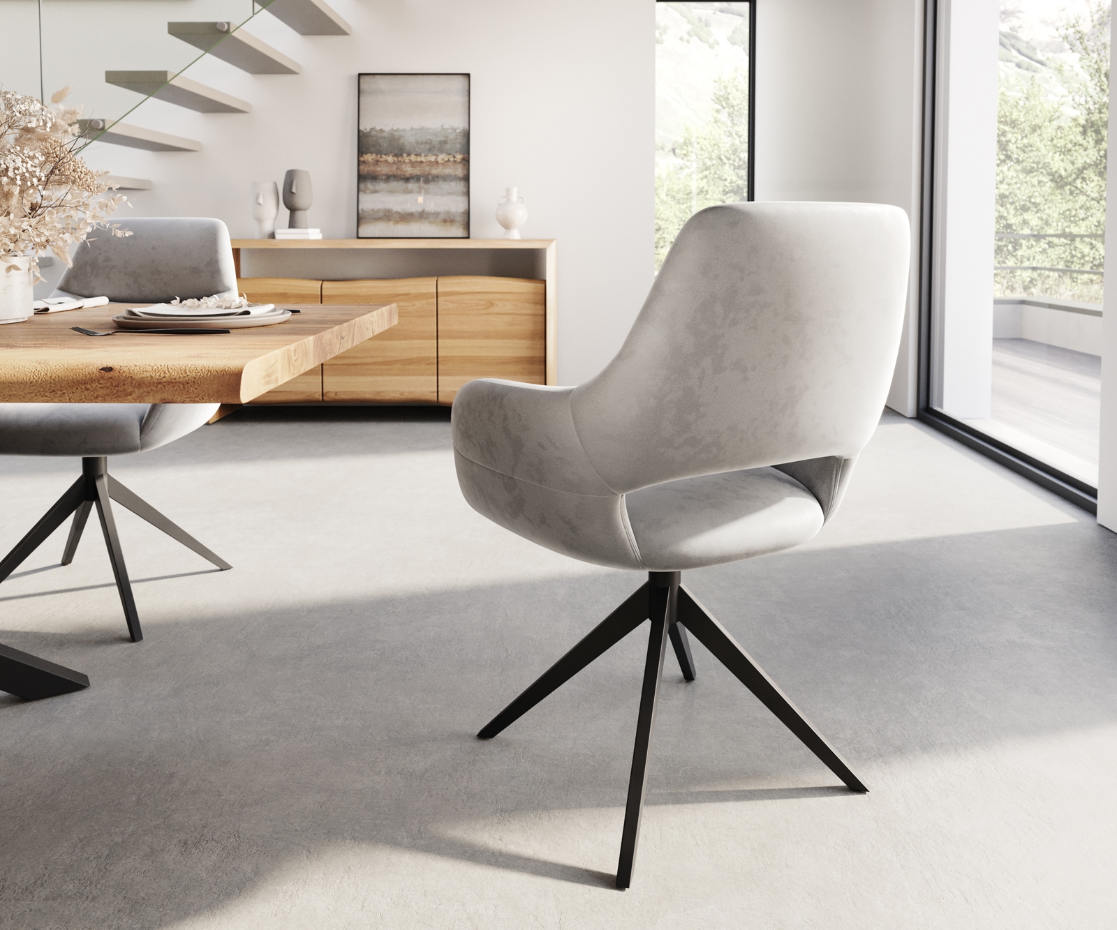 Esszimmerstuhl Yago-Flex mit Armlehnen Samt Grau Kreuzgestell breit Schwarz Taschenfederkern 4 Esszimmerstuhl Yago-Flex mit Armlehnen Samt Grau Kreuzgestell breit Schwarz Taschenfederkern 4