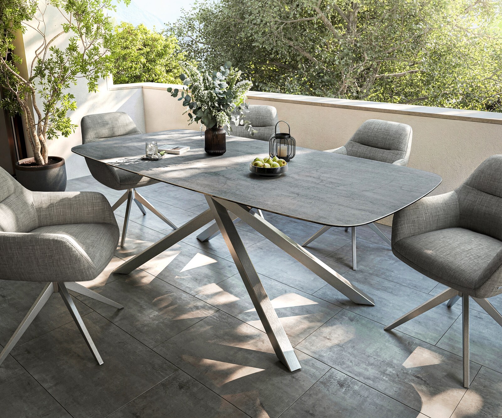 Outdoortisch Edge Boot 200x100 cm Keramik Beton Grau Kreuzgestell Rechteck Edelstahl 1