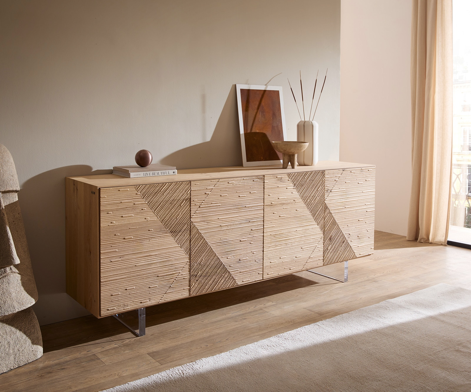 Sideboard Tereos 200 cm Eiche Natur 3D Effekt 4 Türen Fuß Schwebeoptik Acrylglas Sideboard Tereos 200 cm Eiche Natur 3D Effekt 4 Türen Fuß Schwebeoptik Acrylglas